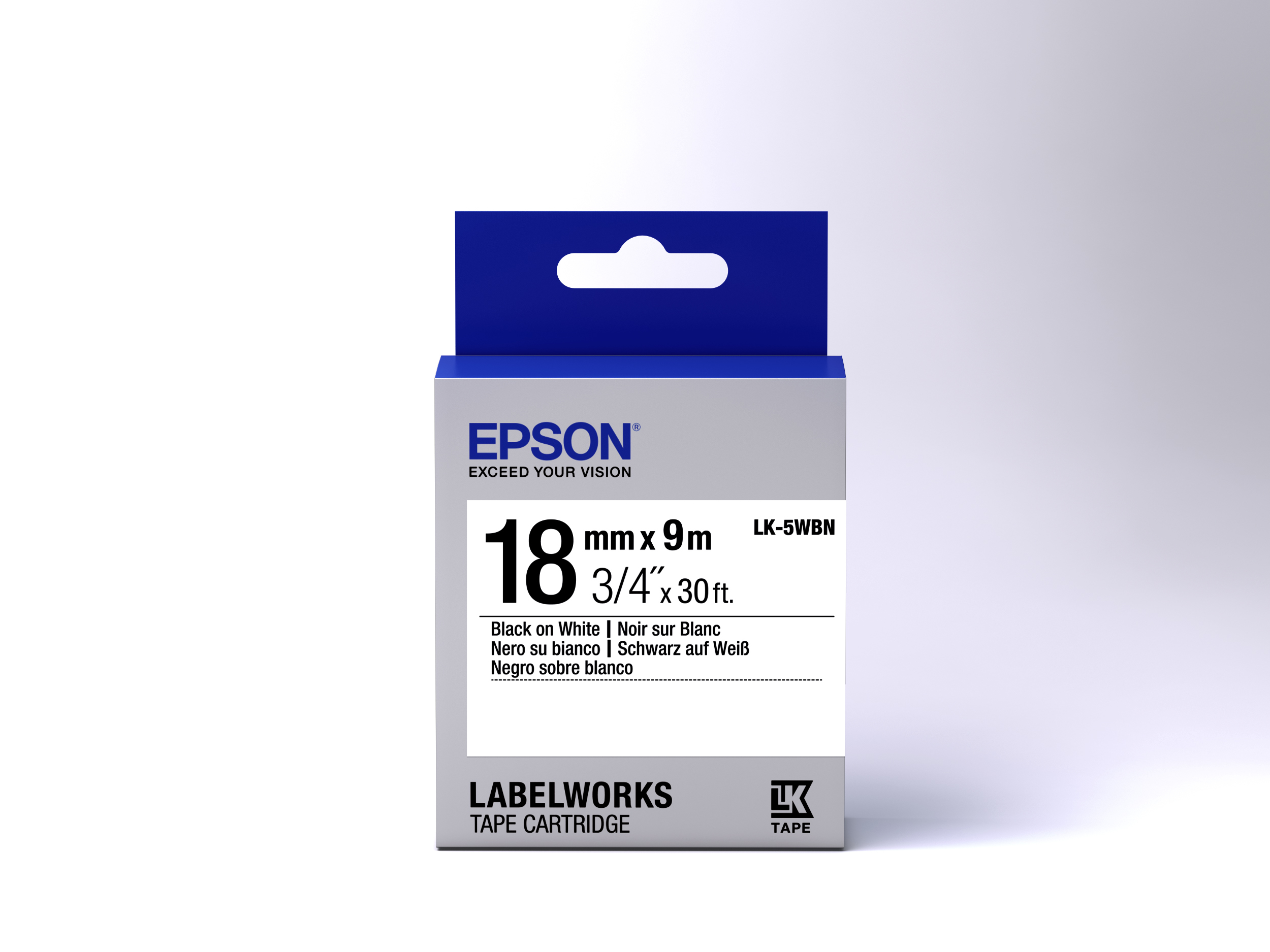 Cartuccia nastro per etichette Epson. L'etichetta recita: 18 mm x 9 m, Nero su bianco. La cartuccia è bianca e blu.