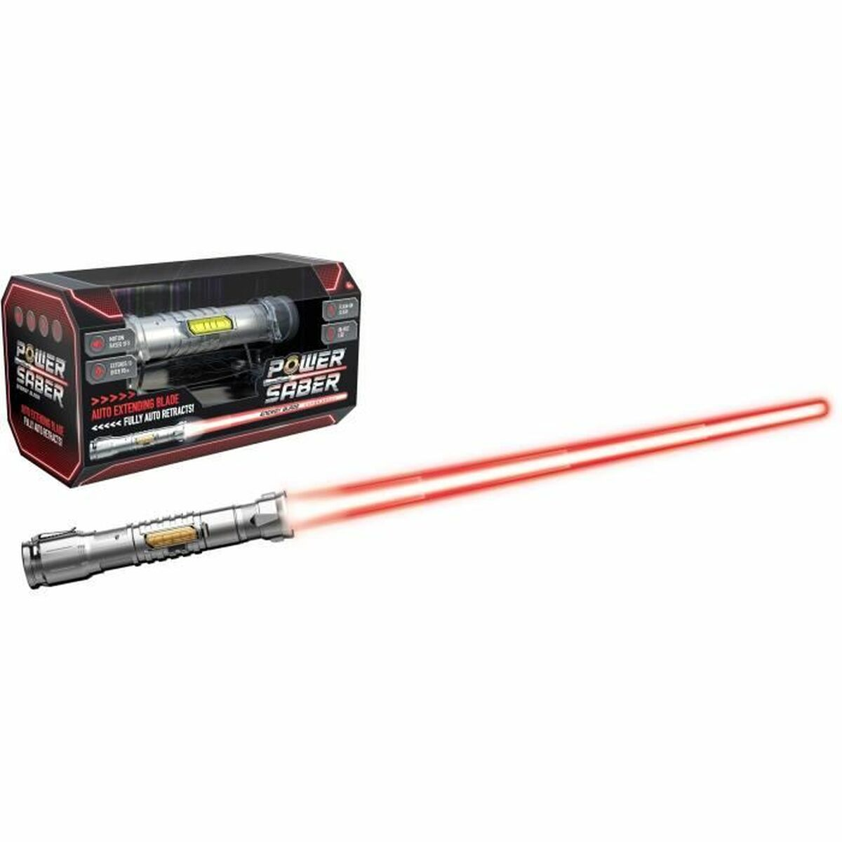 Spada laser giocattolo Power Saber con lama rossa estesa e confezione sullo sfondo.