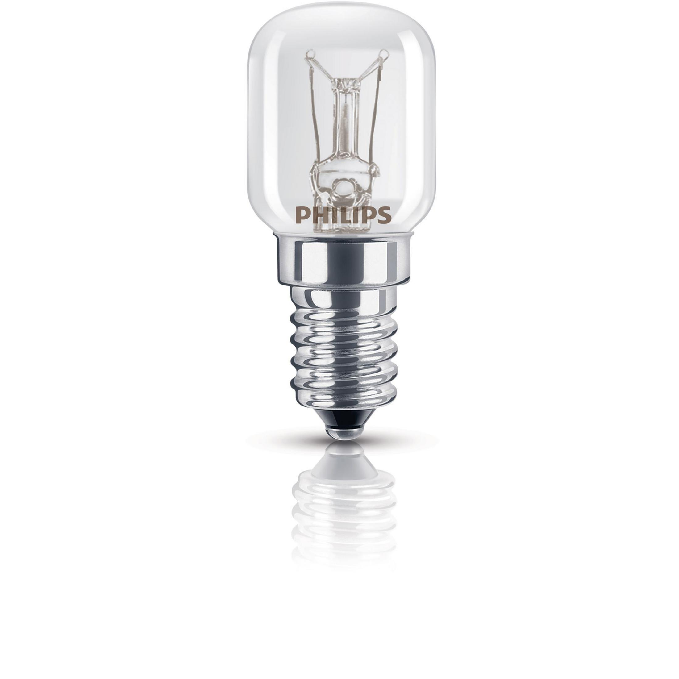 Una lampadina trasparente con base argentata e marchio Philips su sfondo bianco.
