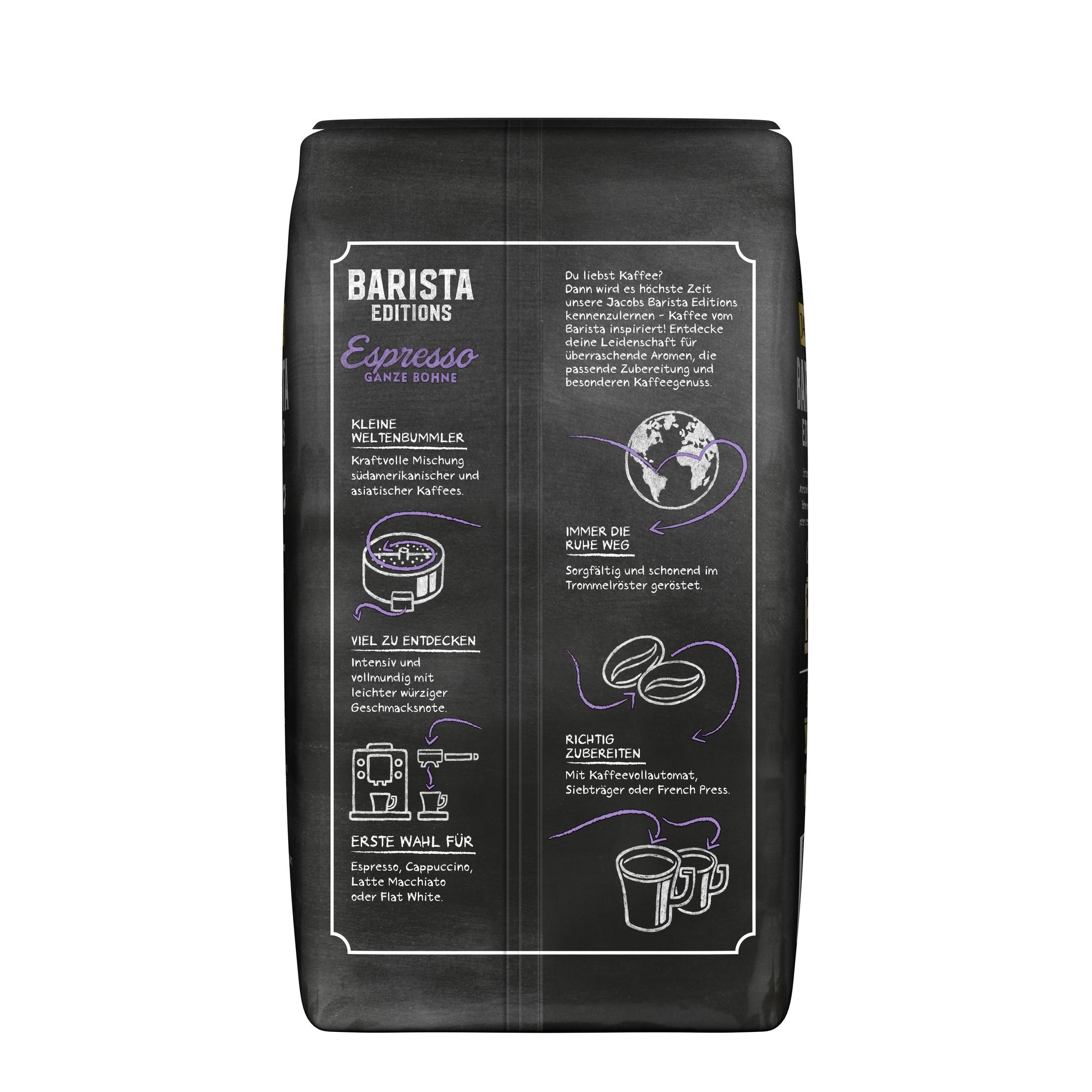Rückseite der Jacobs Barista Editions Espresso Kaffeepackung mit Text und Illustrationen zur Kaffeezubereitung.