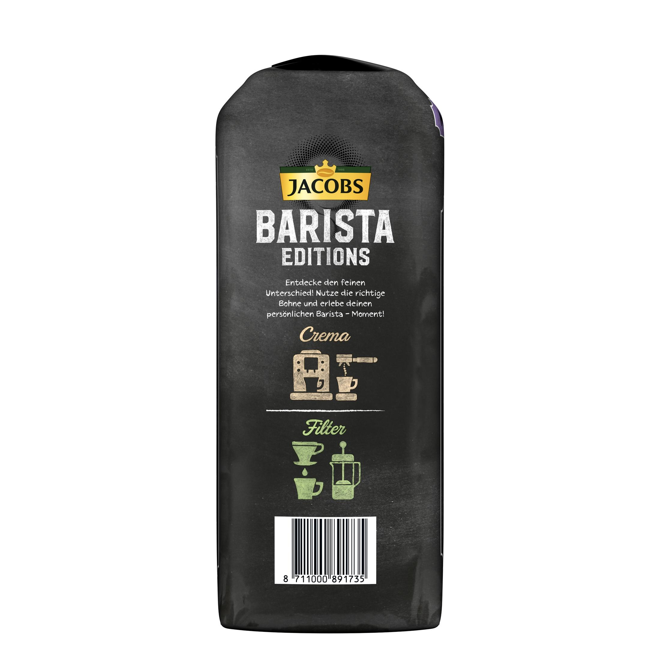 Jacobs Barista Editions Crema Kaffeepackung mit Text und Illustrationen zur Kaffeezubereitung.
