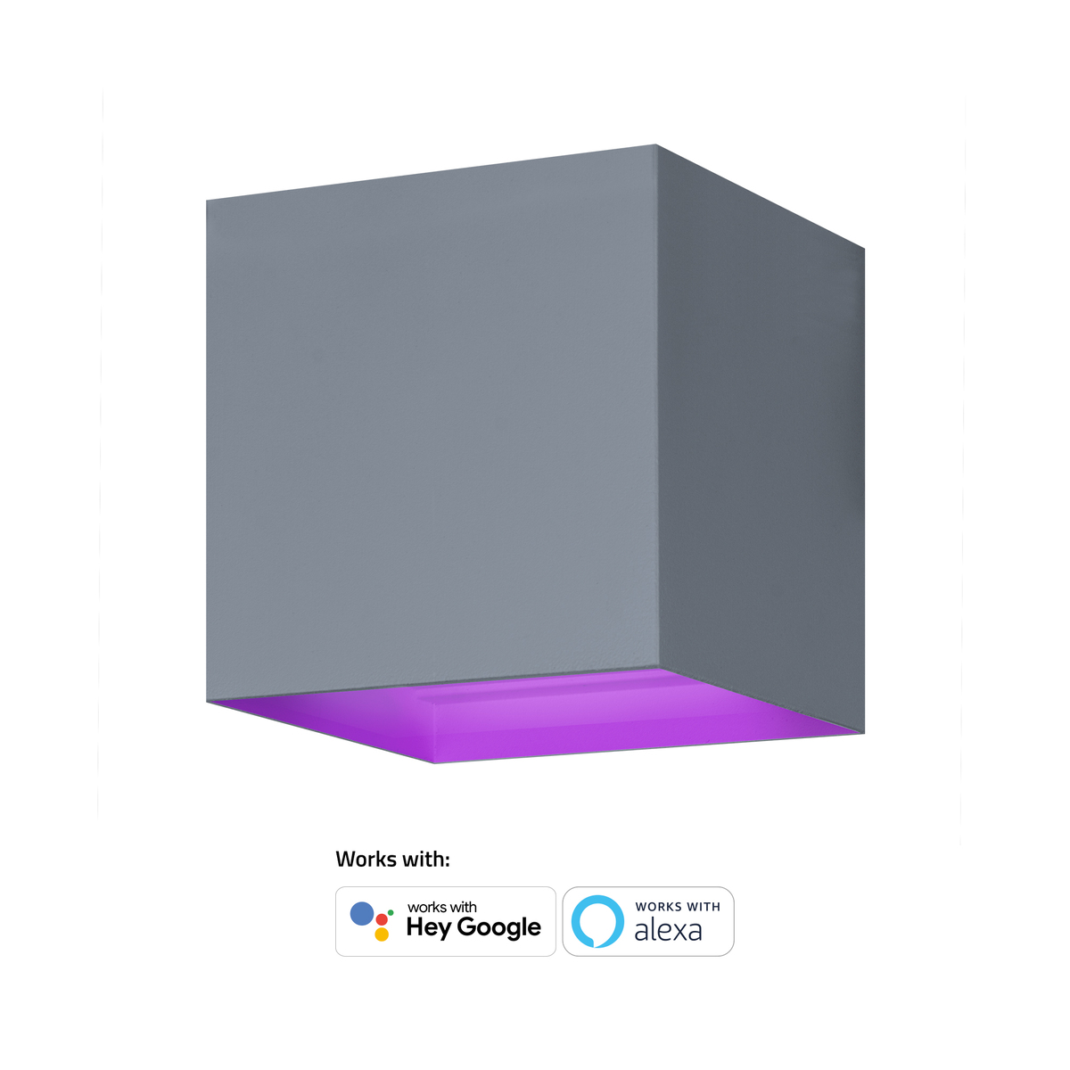 Une applique murale cubique grise émettant une lueur violette, étiquetée comme compatible avec Google et Alexa.