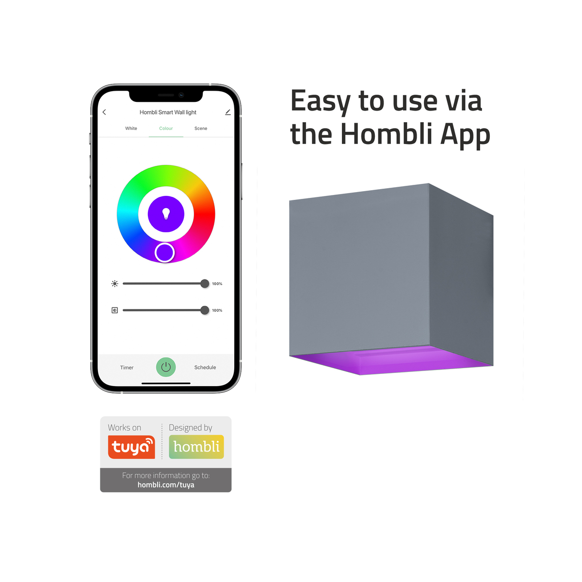 Une applique murale intelligente grise émettant une lueur violette, présentée avec un smartphone affichant des commandes de couleur.
