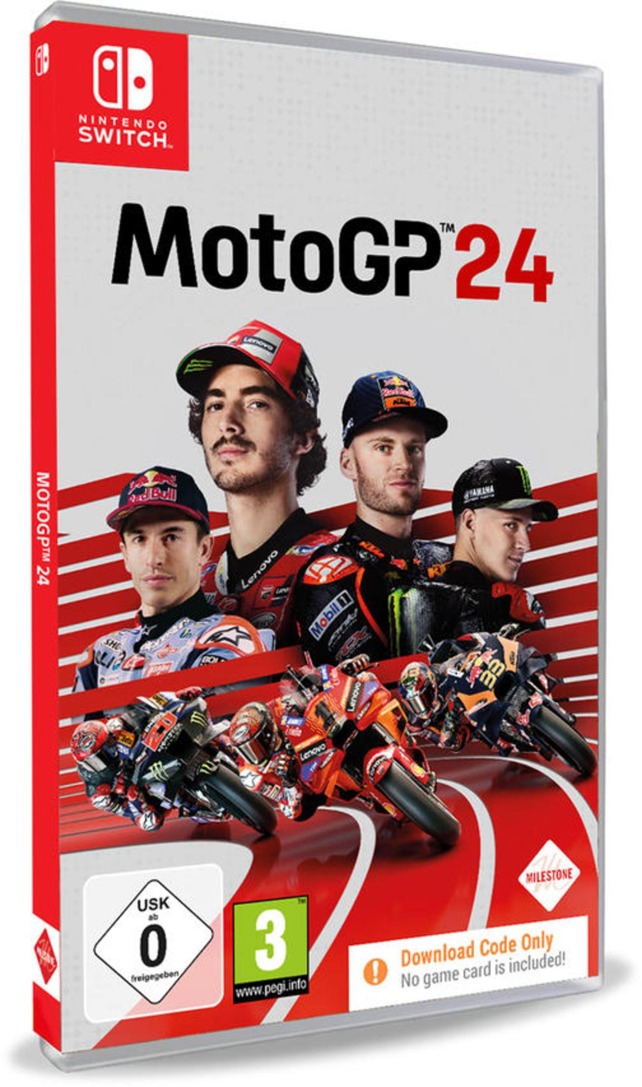 Nintendo Switch-Spielhülle für Moto GP 24, mit Rennfahrern und Motorrädern auf dem Cover.