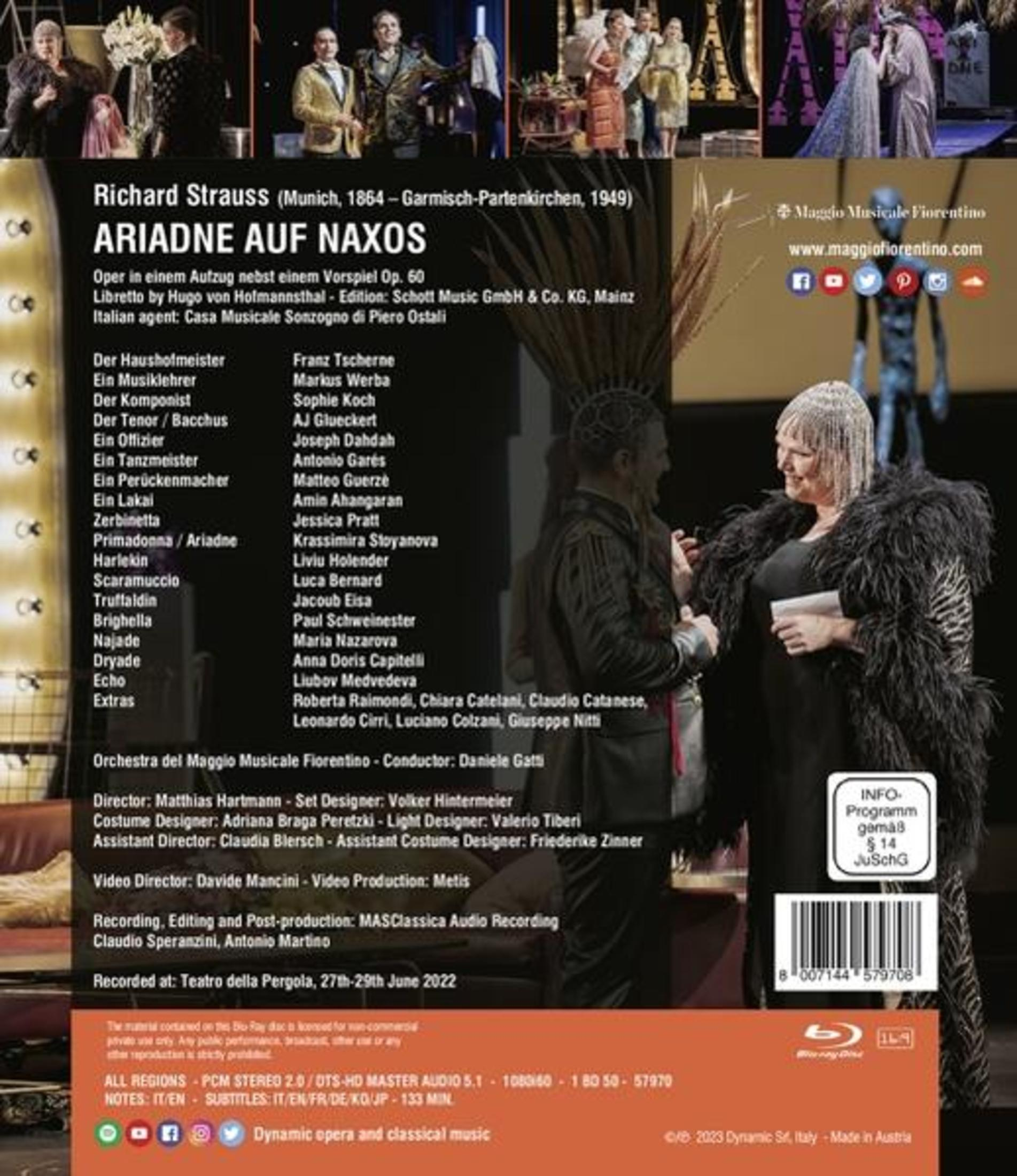 Rückseite einer Blu-ray-Hülle mit Text über die Oper "Ariadne auf Naxos" und Credits.