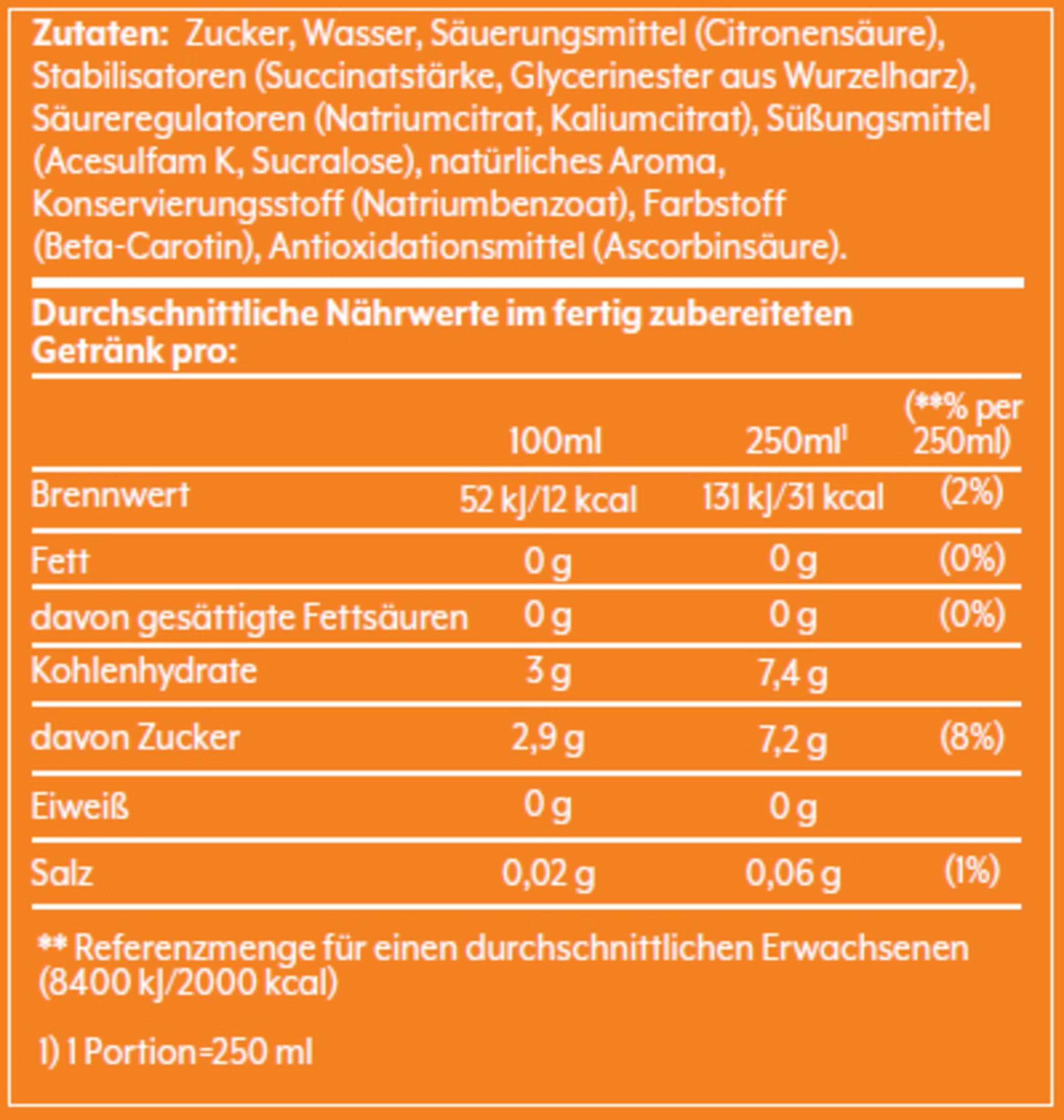 Nährwertangaben auf Deutsch. Es listet Zutaten, Kalorien, Fett, Zucker, Protein und Salzgehalt auf.