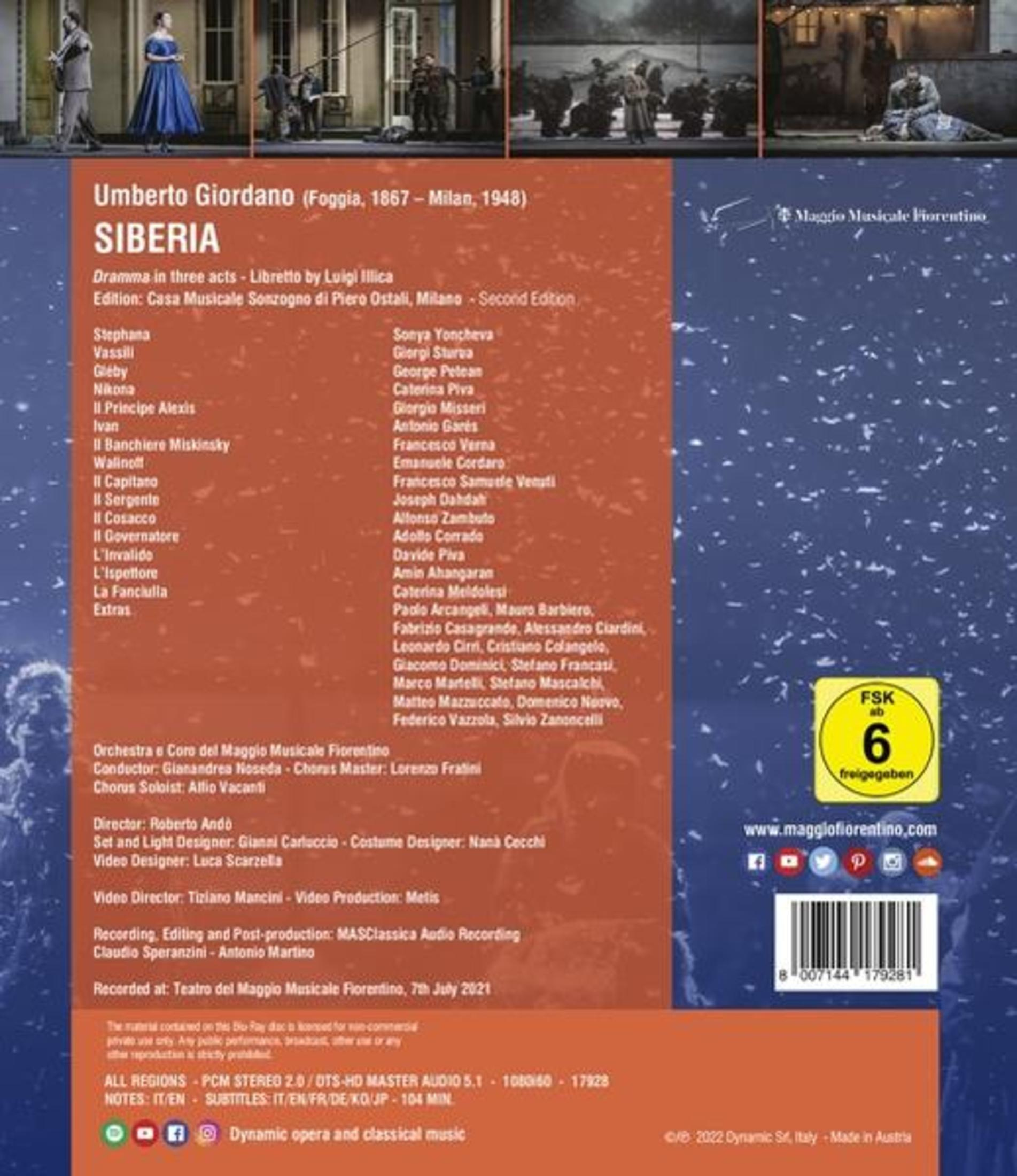 Die Rückseite der DVD-Hülle für „Siberia“ listet Besetzung und Credits vor dem Hintergrund einer Bühne im Vintage-Stil auf.