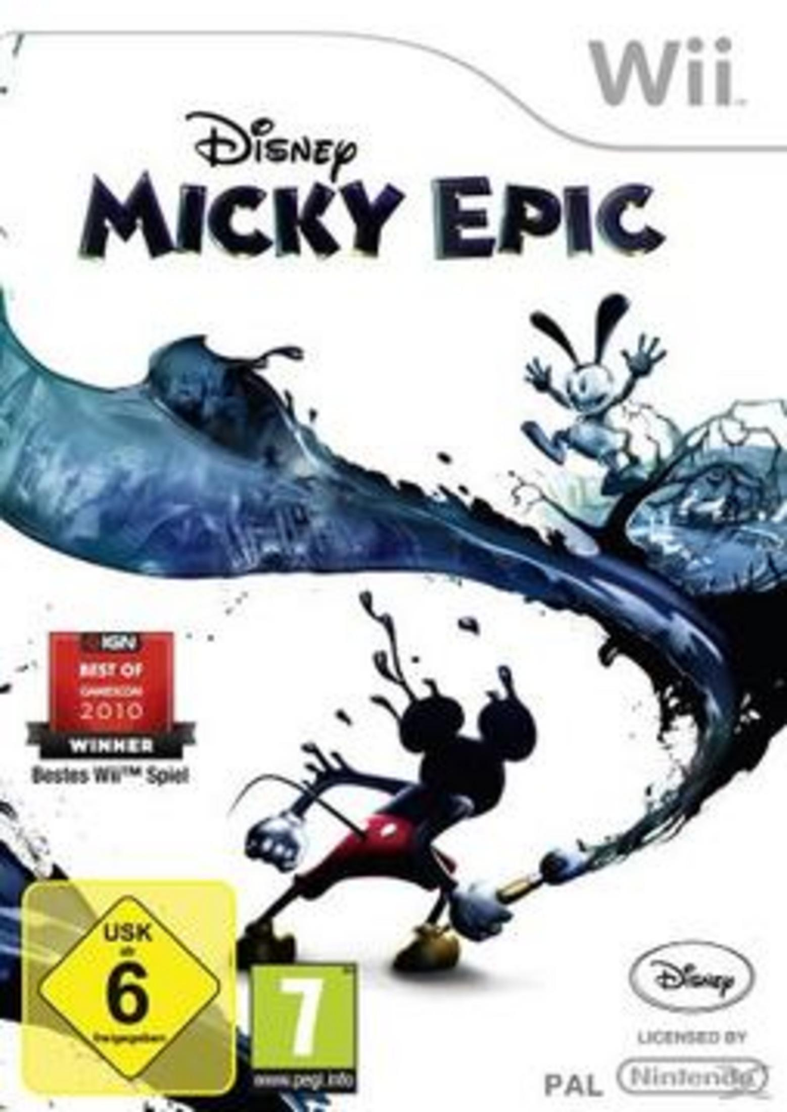 "Disney Micky Epic" Wii-Spielcover. Mit Micky und Oswald in einer farbverschmierten Welt.