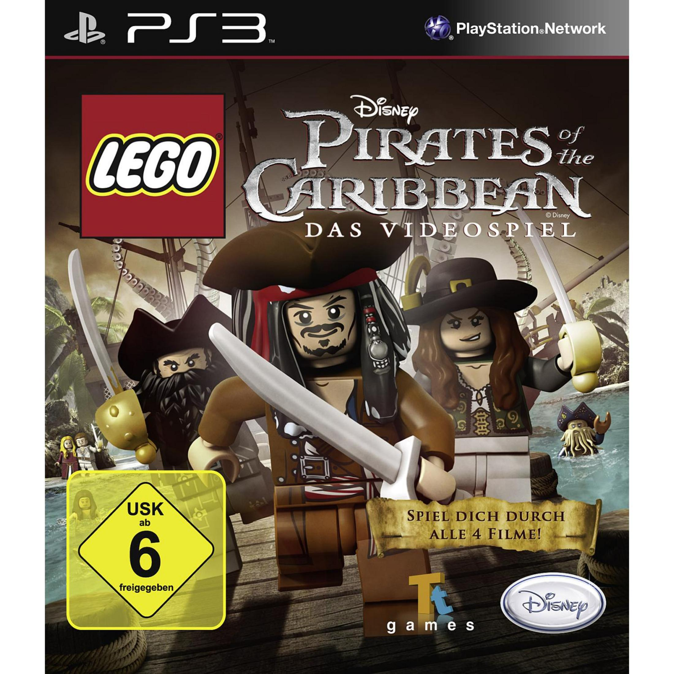 Lego Pirates of the Caribbean PS3-Spielcover mit Lego-Figuren und dem Spiellogo.