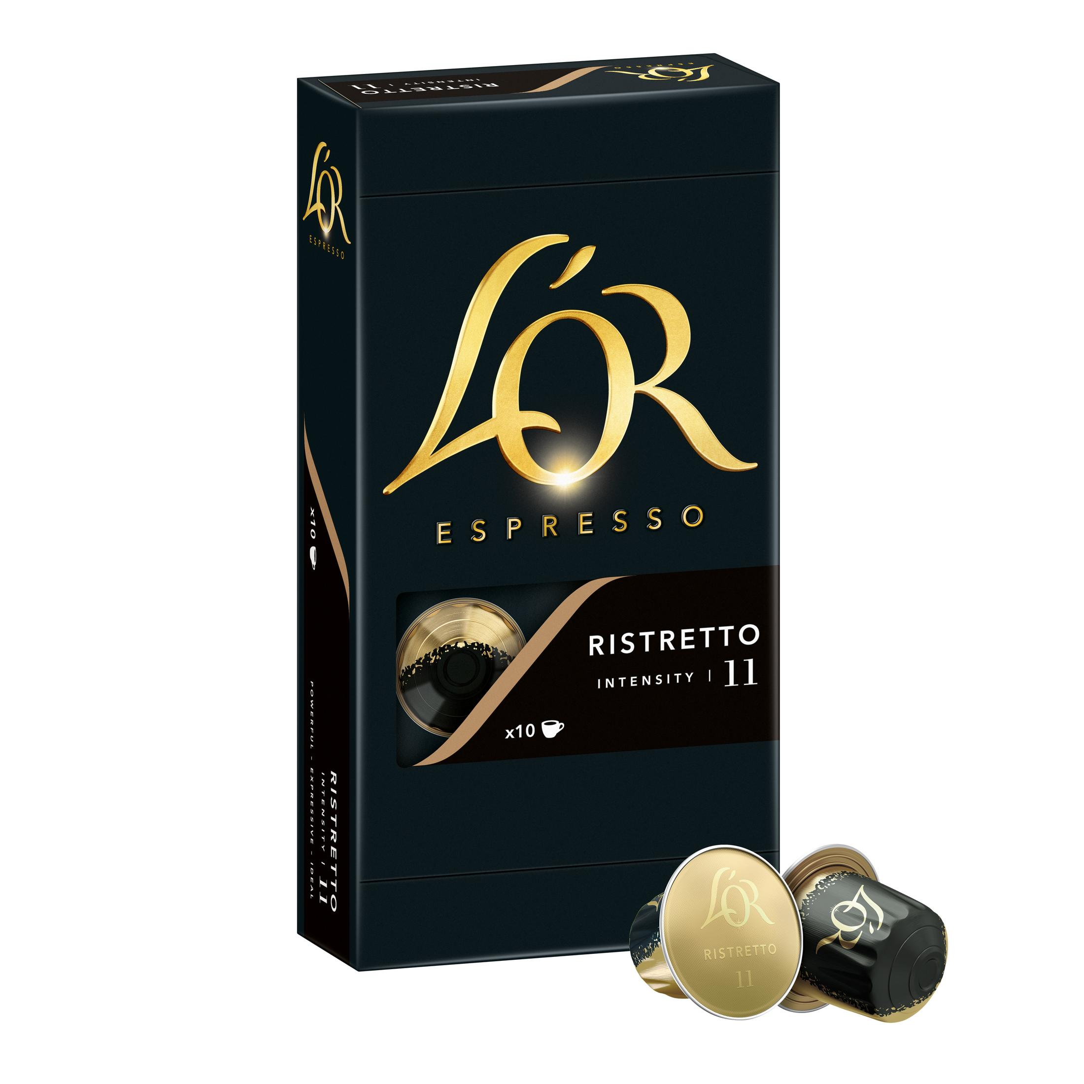 L'immagine mostra una scatola e capsule di espresso L'OR Ristretto, con colori nero e oro.