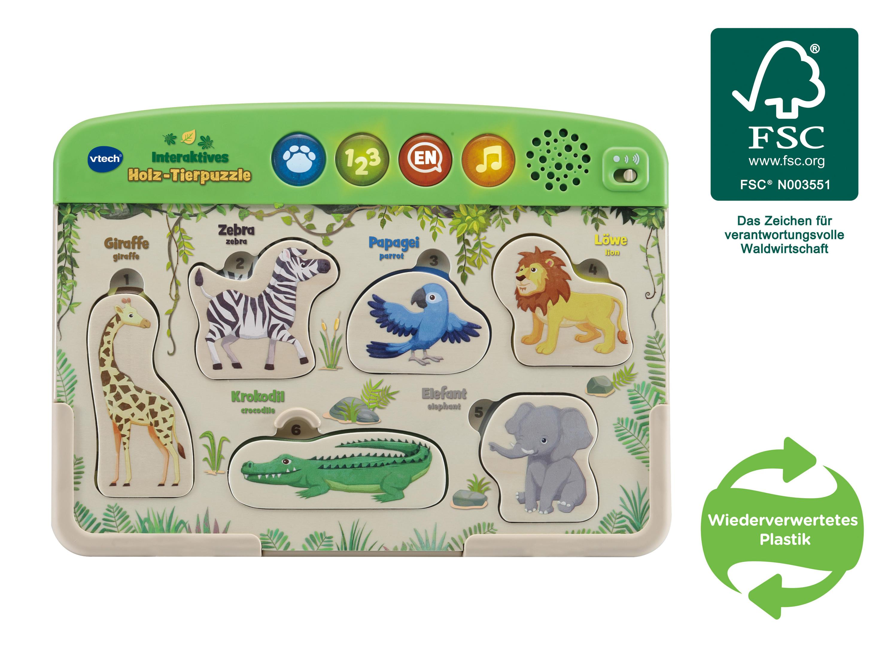 Ein Puzzle mit Tierformen, darunter Giraffe, Zebra, Papagei, Löwe, Krokodil und Elefant.