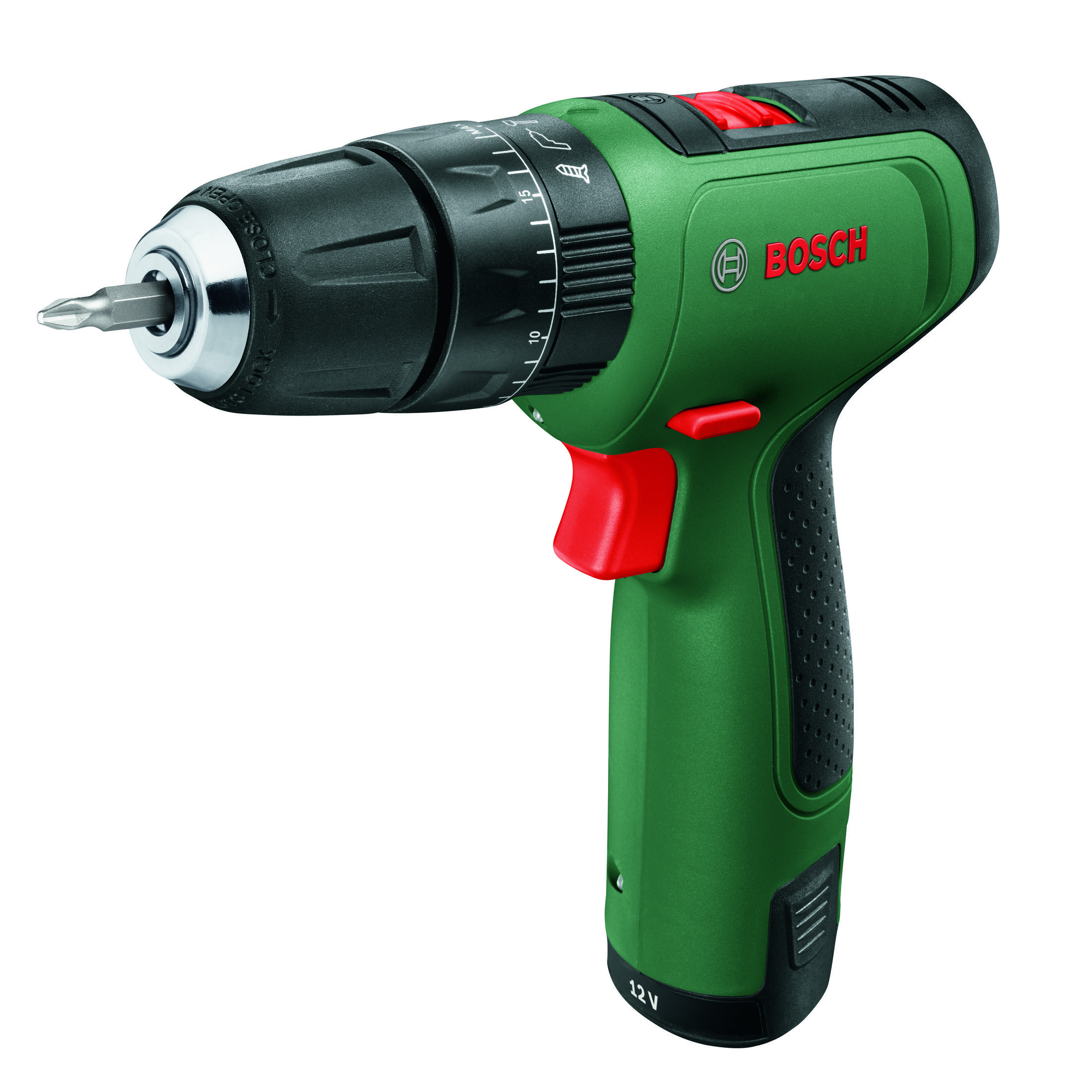 Un trapano Bosch verde e nero su uno sfondo bianco. Ha un grilletto rosso.