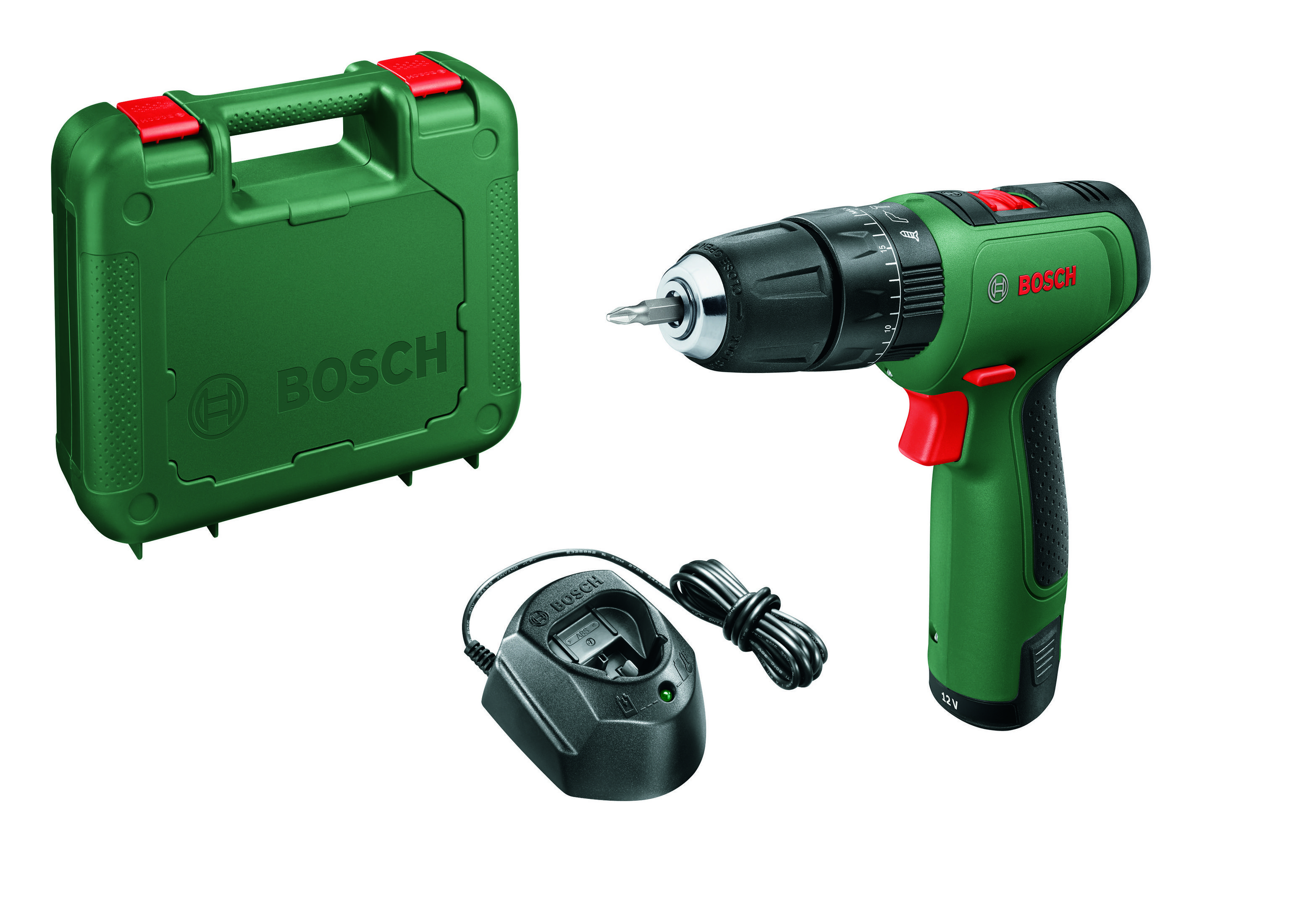 Un trapano Bosch verde e nero con custodia e caricabatterie, il tutto su uno sfondo bianco.