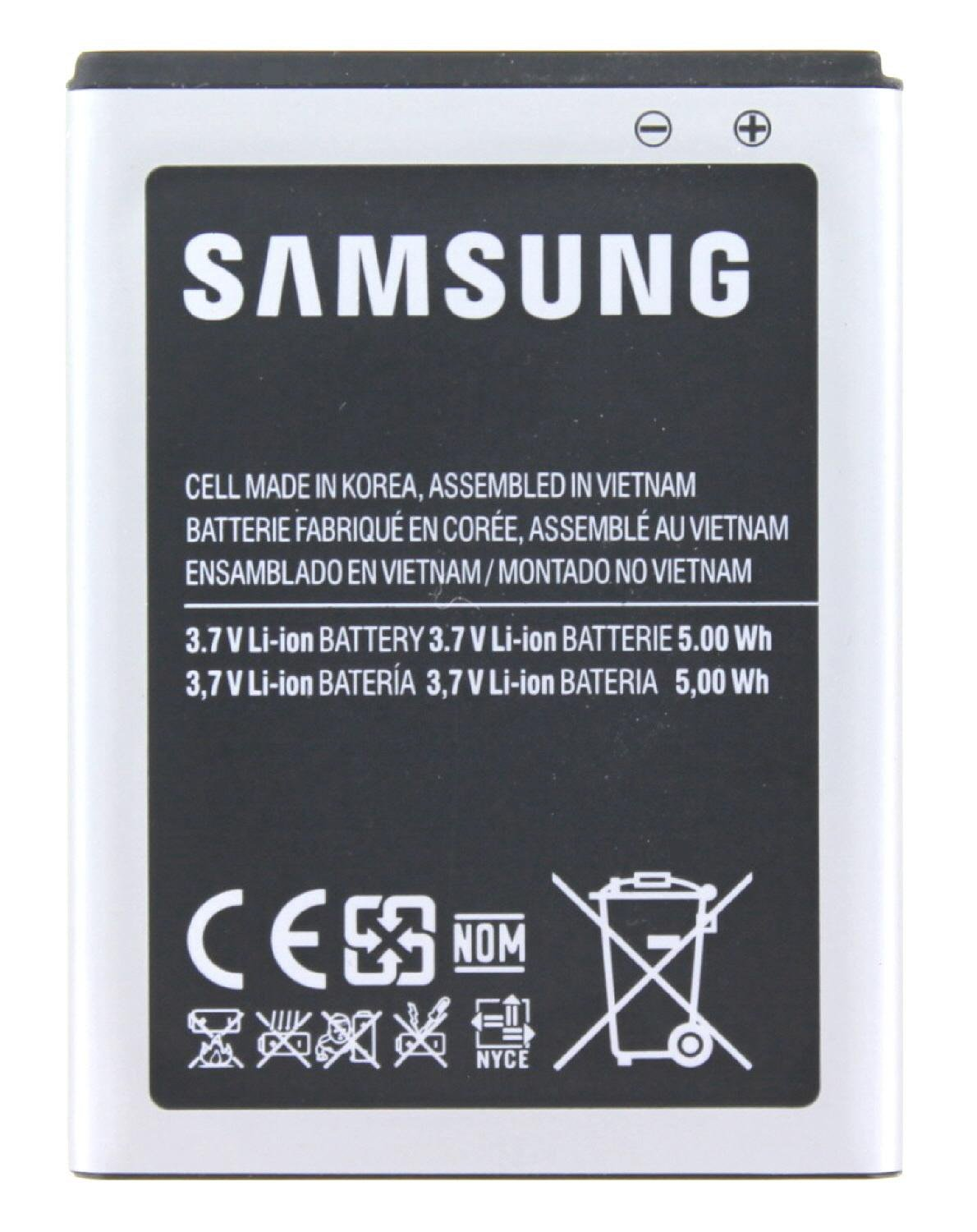 Rechteckiger Samsung-Telefonakku mit schwarz-weißem Etikett, Text und Symbolen. Weißer Hintergrund.