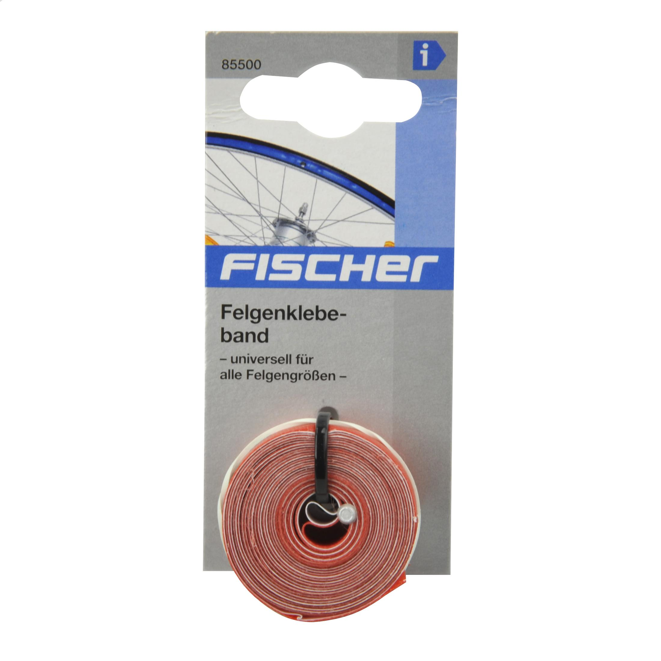 Eine verpackte Rolle orangefarbenes und weißes Fischer-Felgenband für Fahrräder vor einem grauen Hintergrund, das die Produktdetails zeigt.