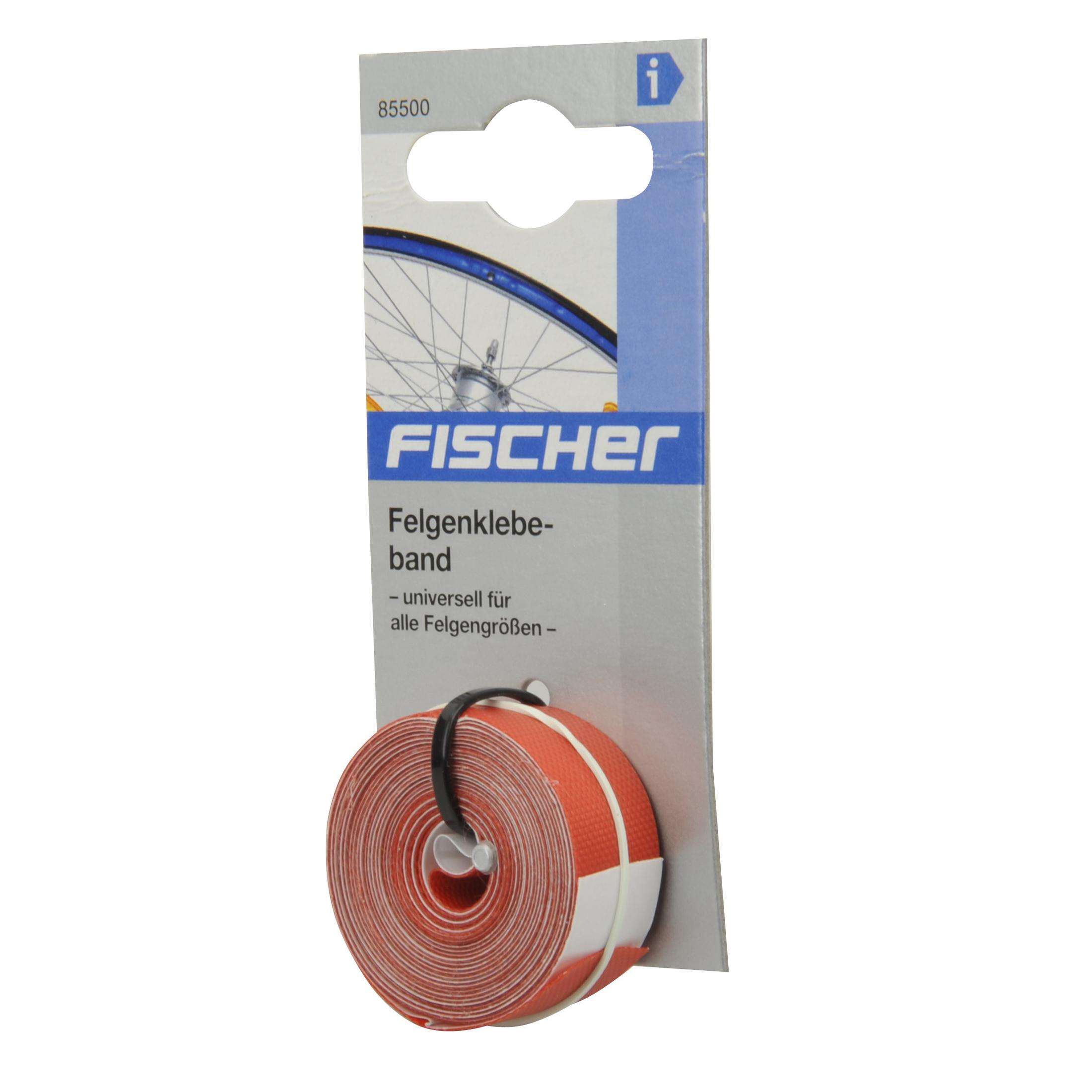 Verpacktes Fischer-Felgenband für Fahrräder, orange und weiß, vor einem grauen Hintergrund, Produktdetails auf der Verpackung sichtbar.