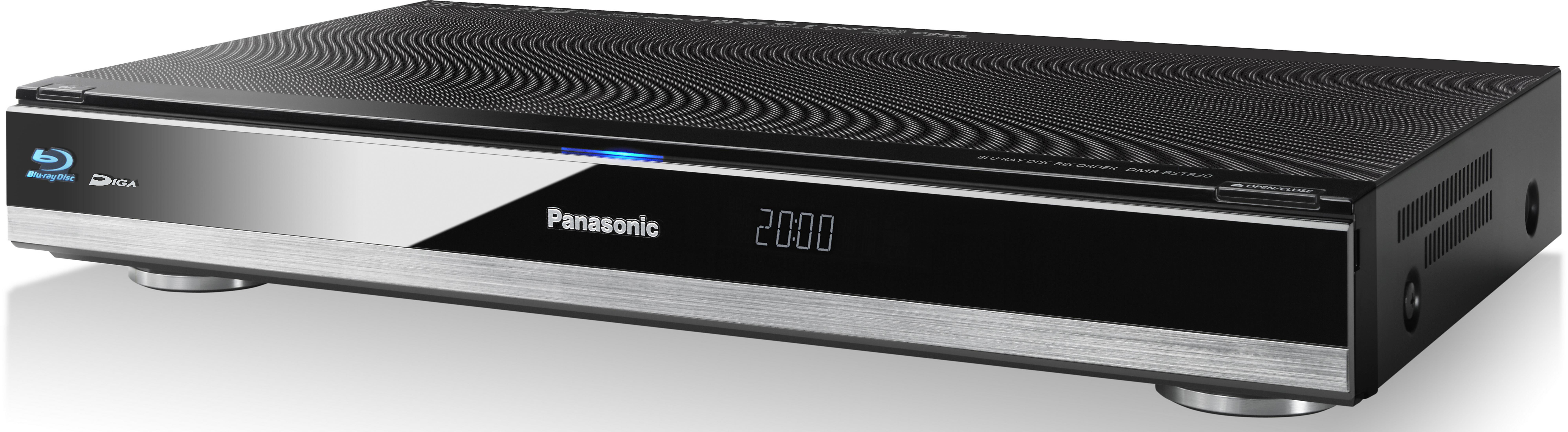 Ein schwarzer Panasonic Blu-ray-Player mit silberner Basis, der '20:00' auf der Frontplatte anzeigt, schräge Ansicht.