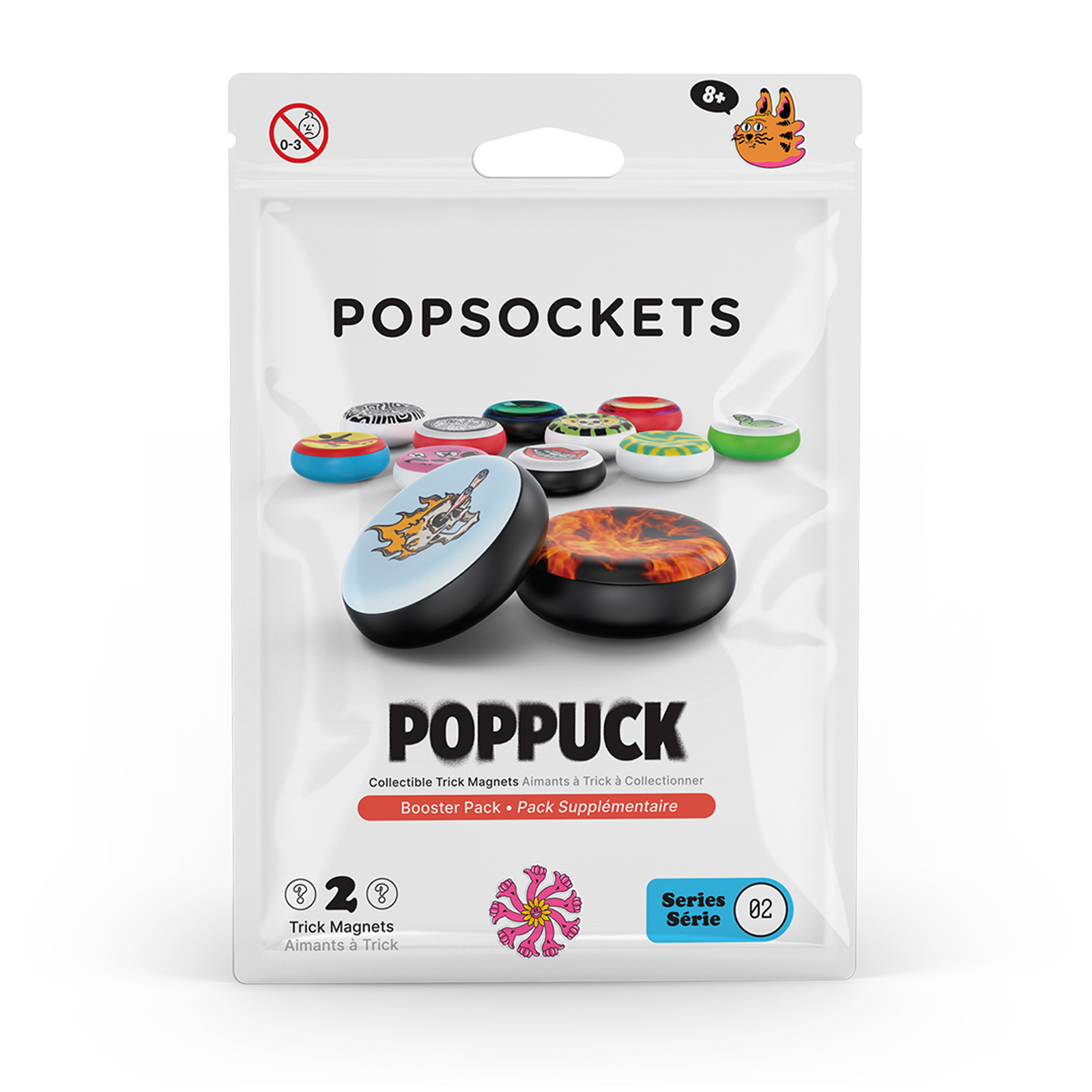 Una confezione sigillata di PopSockets e un Poppuck, magneti da collezione, booster pack, serie 02.