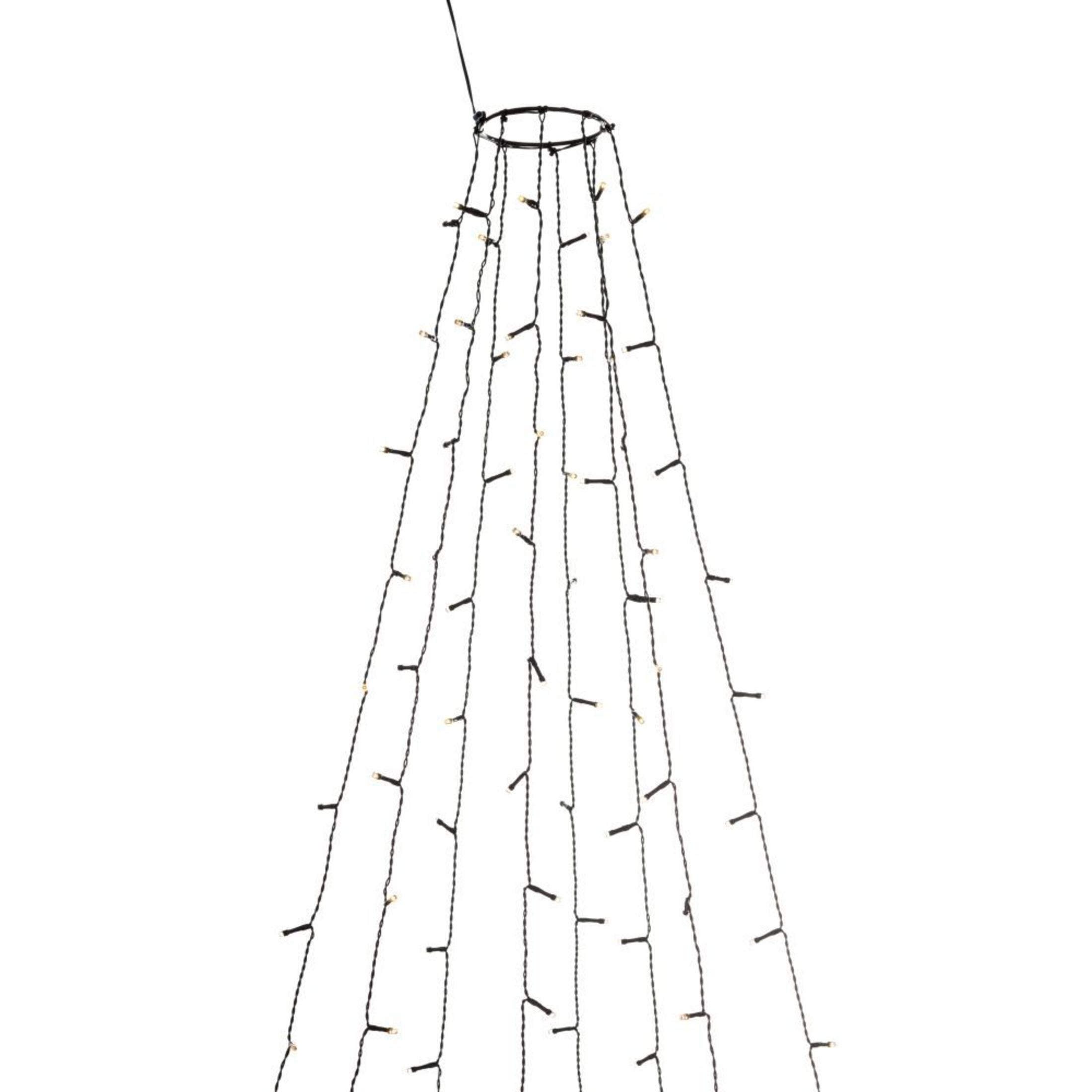 Ein Weihnachtsbaum aus Lichtern, der von einem Ring herabhängt. Die Lichter sind gelb und der Hintergrund ist weiß.