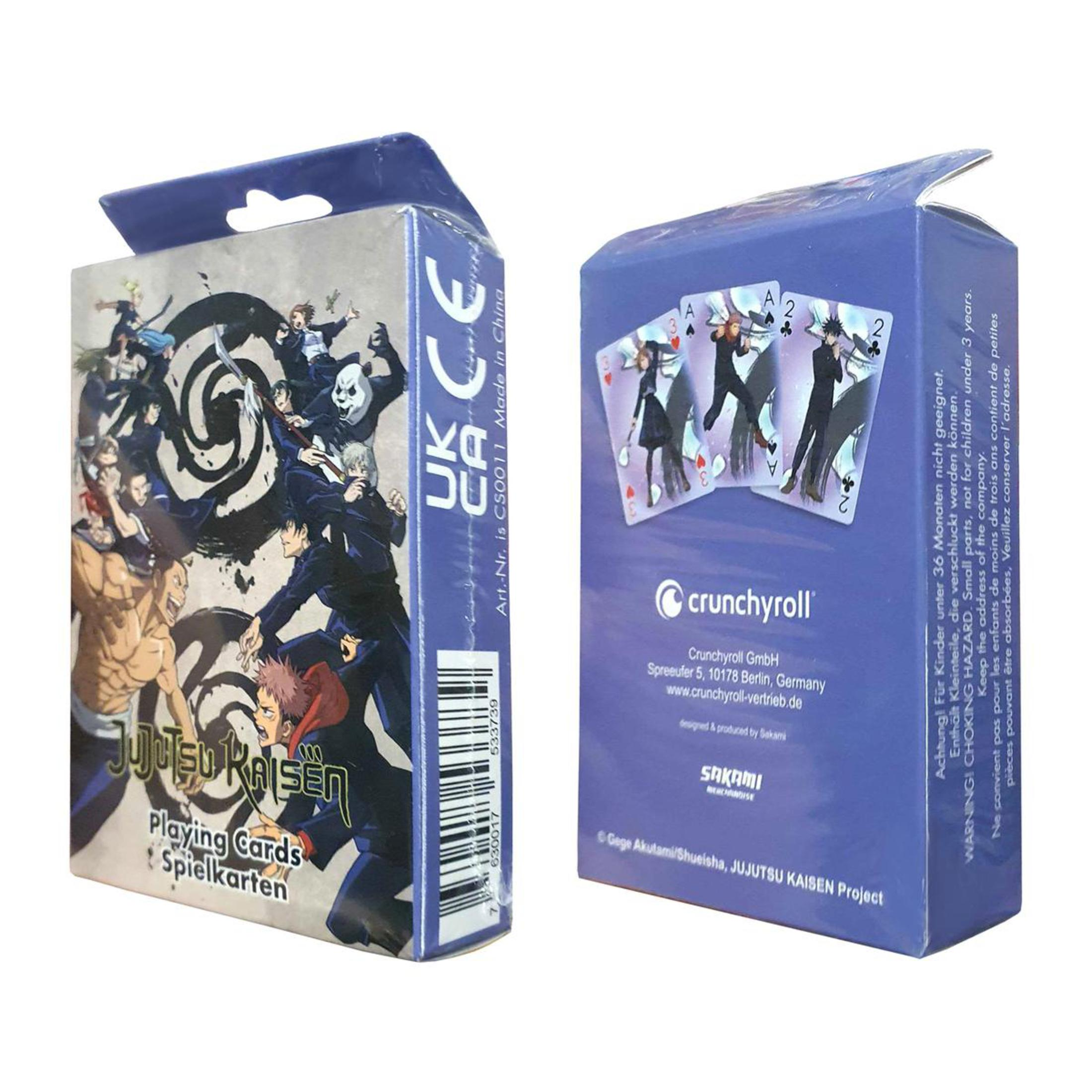 Zwei Jujutsu Kaisen Spielkartenboxen zeigen Anime-Charaktere und Kartendetails.