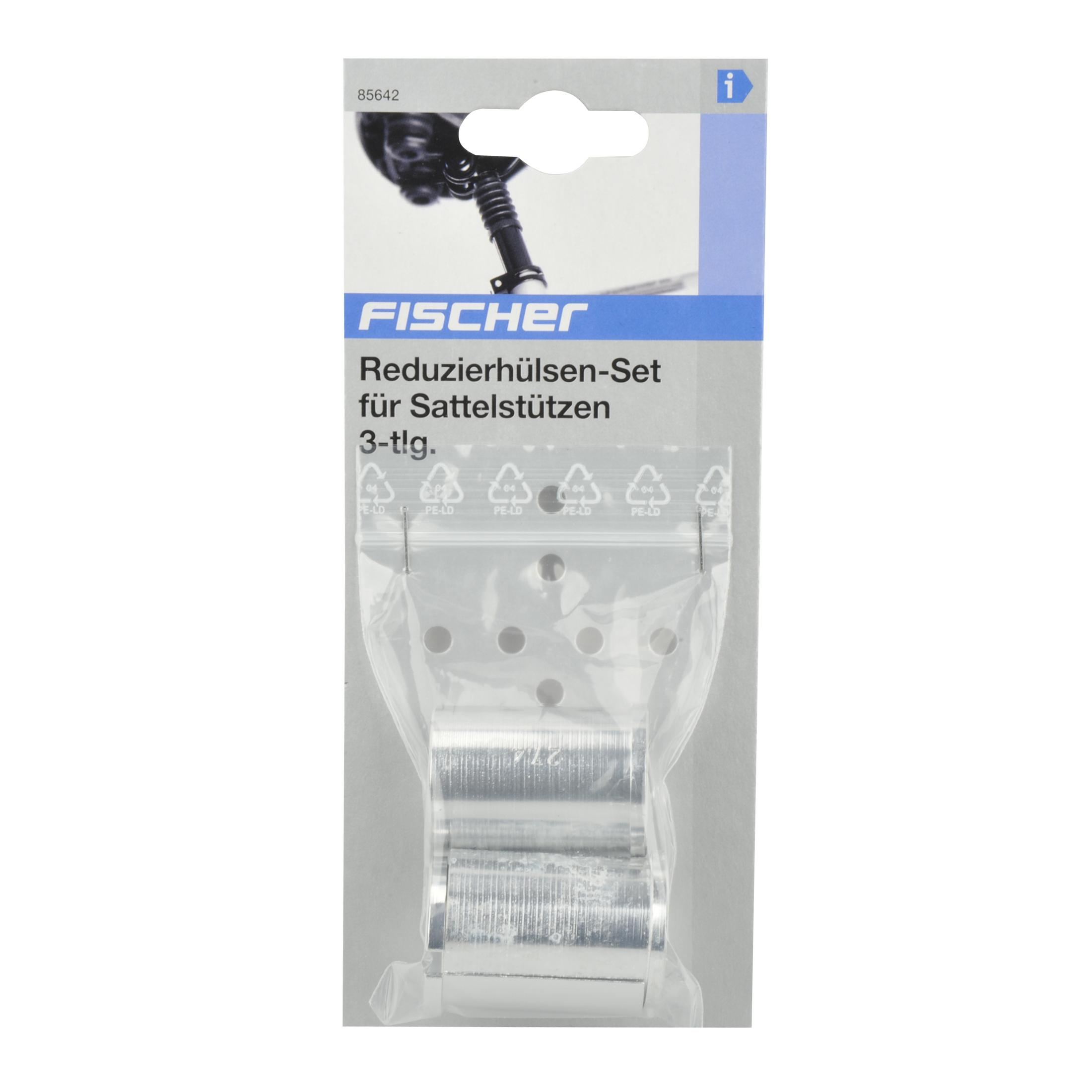 Verpackung mit drei silbernen Reduzierstücken für Sattelstützen, mit Text und Logo.
