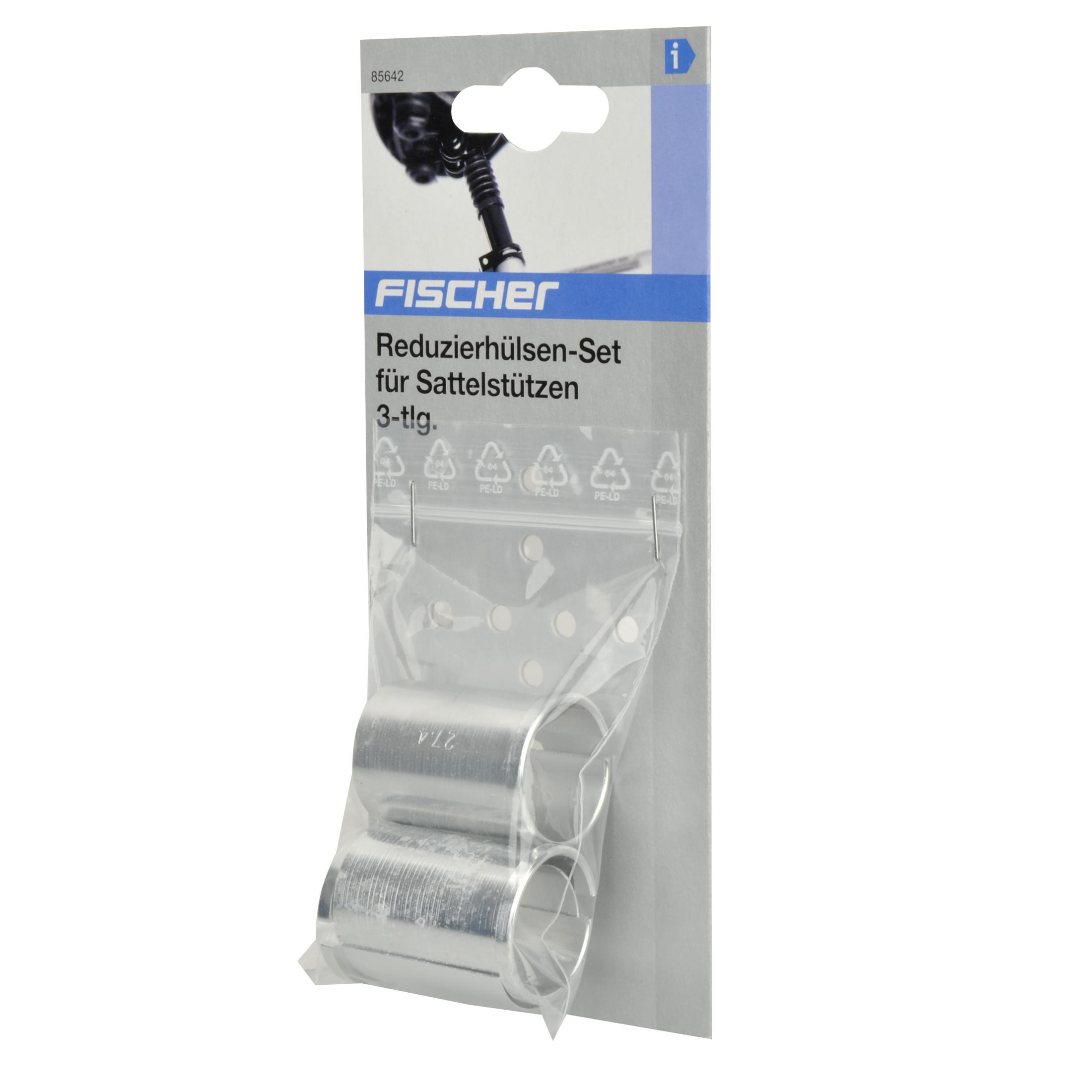 Verpackung mit drei silbernen Reduzierstücken für Sattelstützen, mit Text und Logo.