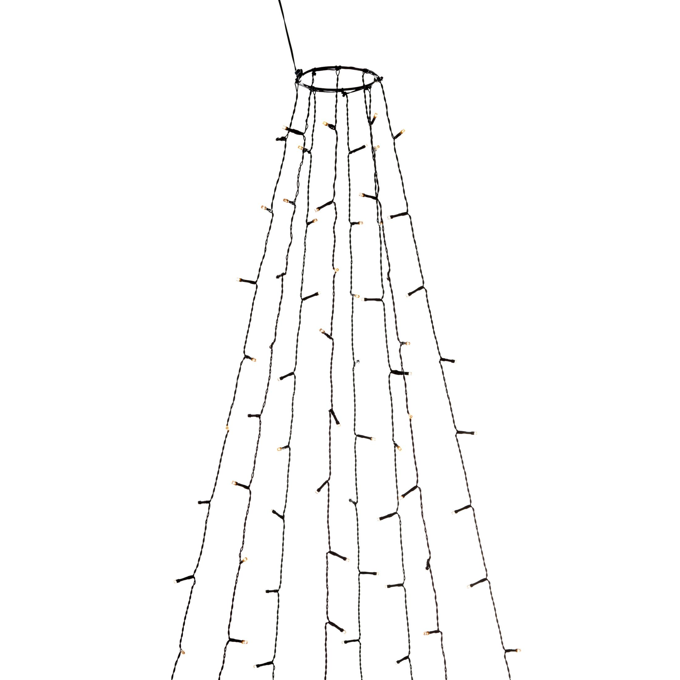 Ein Weihnachtsbaum aus Lichterketten, die von einem zentralen Ring hängen. Weißer Hintergrund.