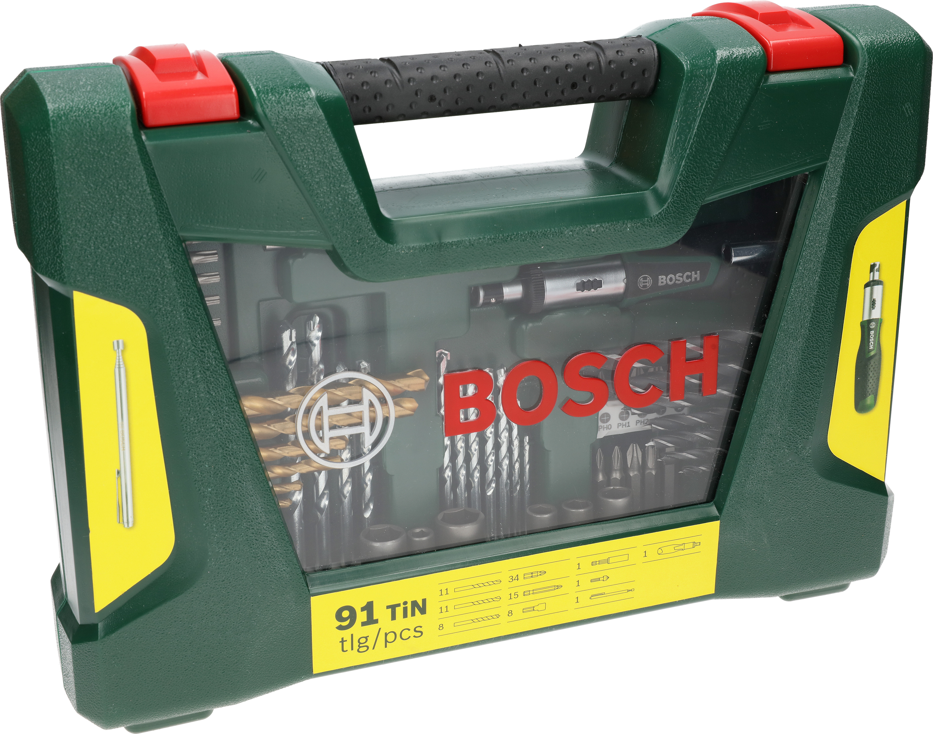 Ein grünes Bosch-Bohrerset in einem grünen Koffer mit transparentem Deckel, das verschiedene Bohrer und Werkzeuge zeigt.