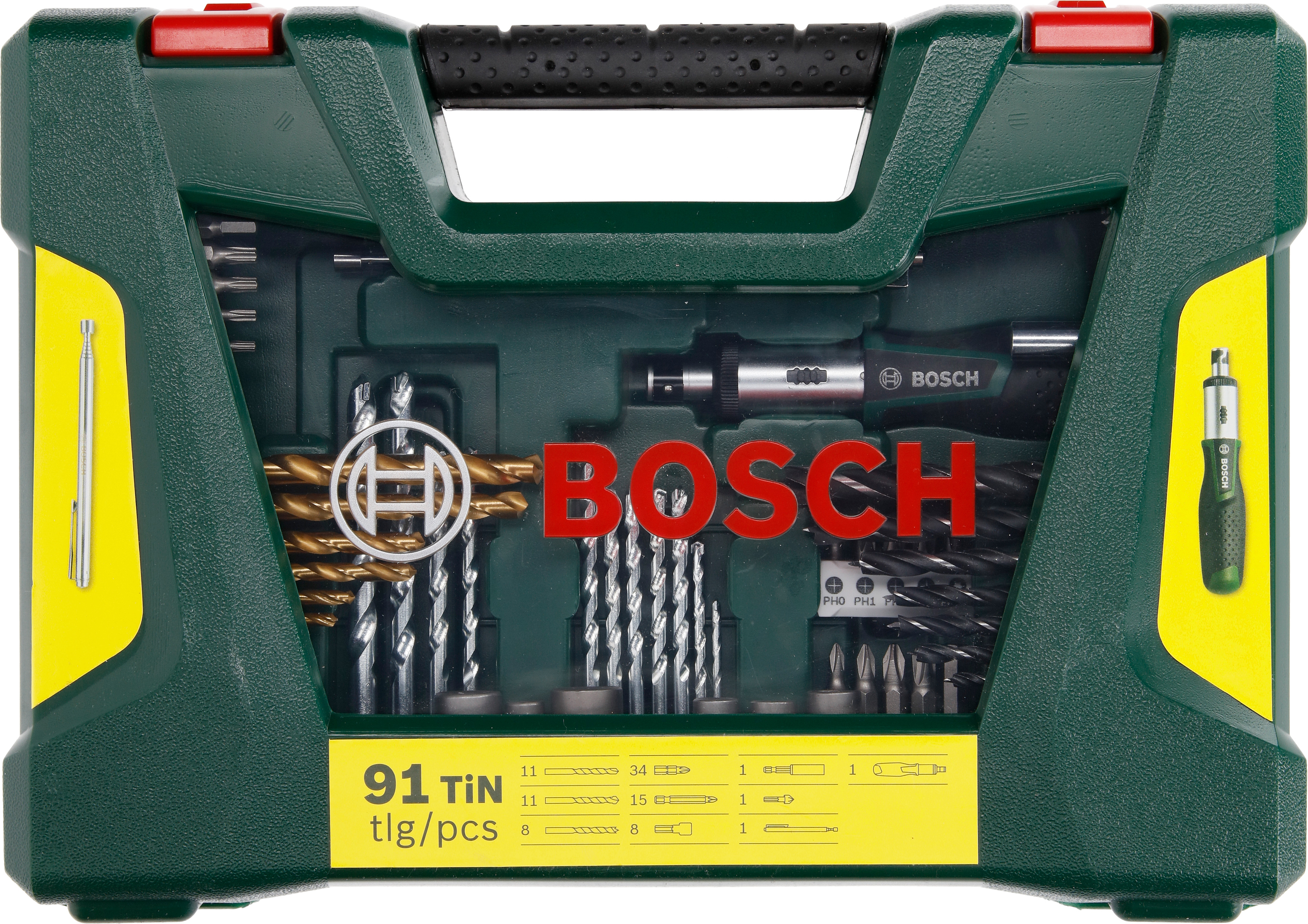 Ein grünes Bosch-Bohrerset in einem grünen Koffer mit transparentem Deckel, das verschiedene Bohrer und Werkzeuge zeigt.