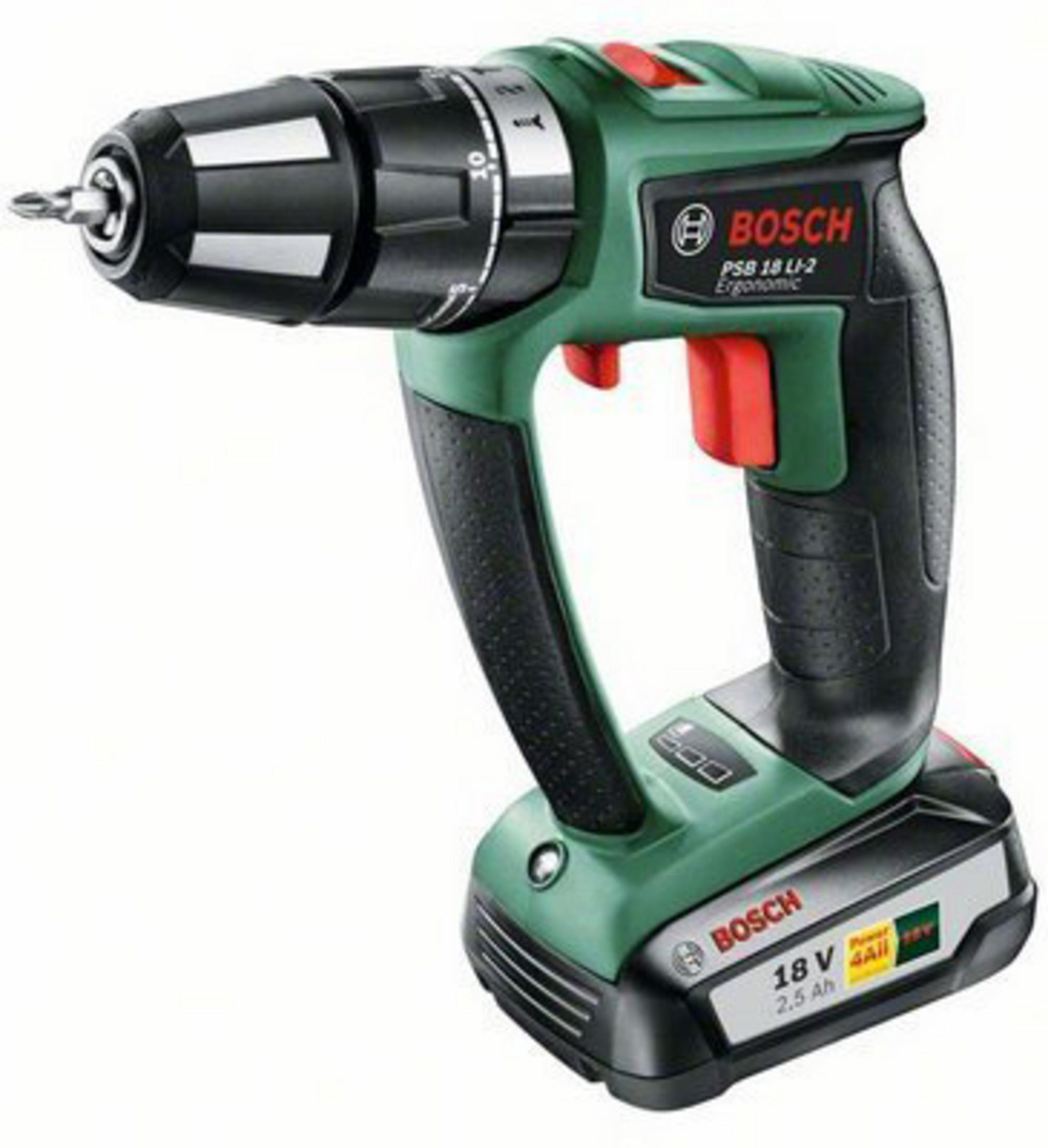 Trapano avvitatore verde e nero. Marchio 'Bosch'.