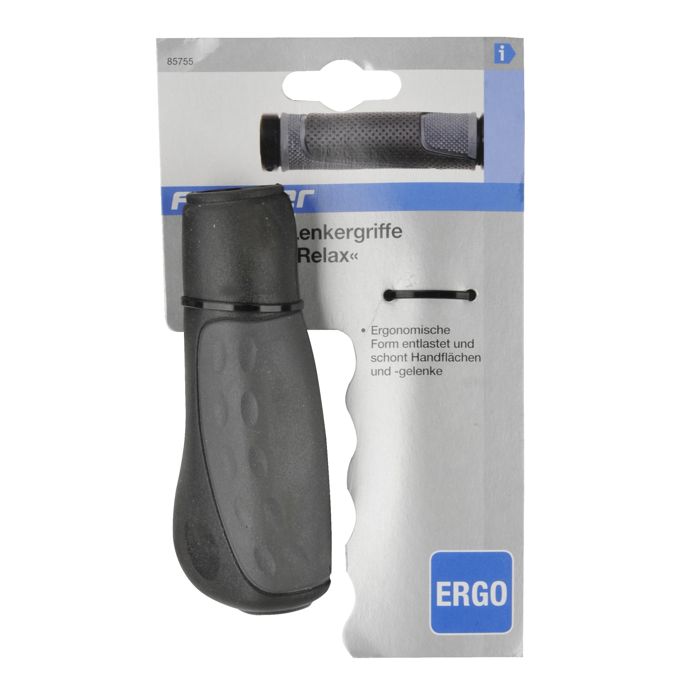 Ein schwarzer Fahrradlenkergriff in Verpackung mit dem Wort "ERGO" auf weißem Hintergrund.