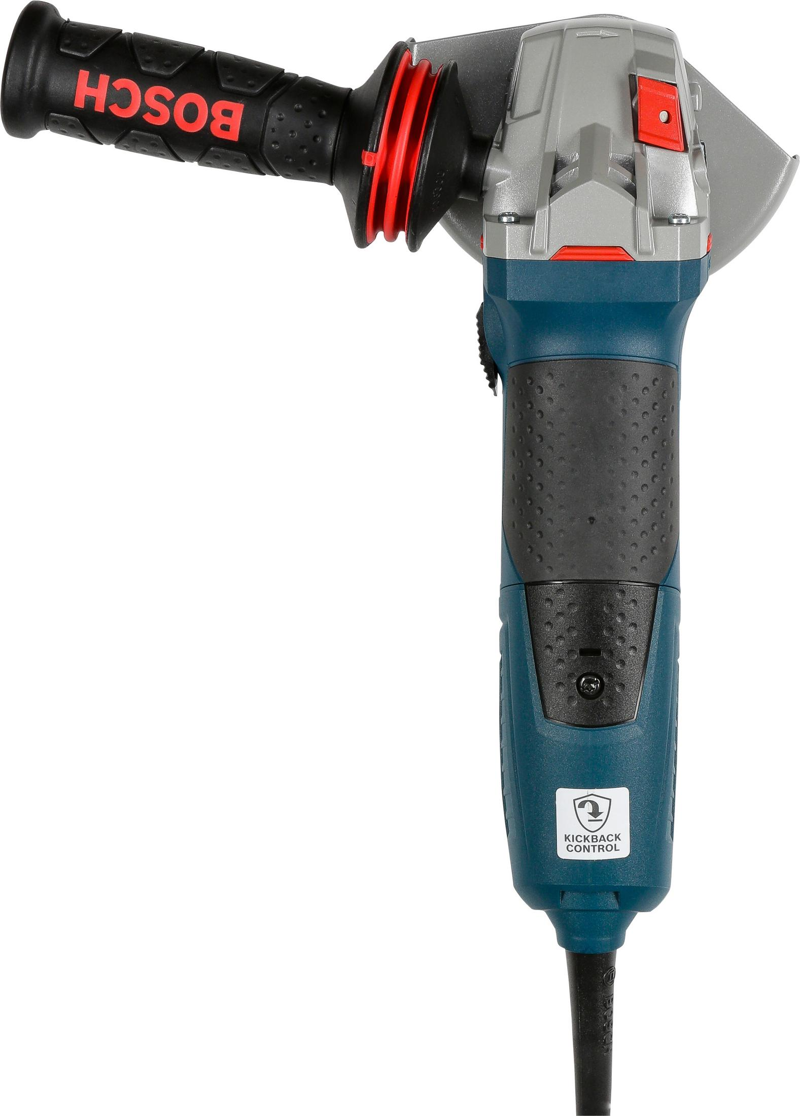 Siyah ve kırmızı saplı ve mavi gövdeli bir Bosch açılı taşlama makinesi, beyaz bir arka plan üzerinde.