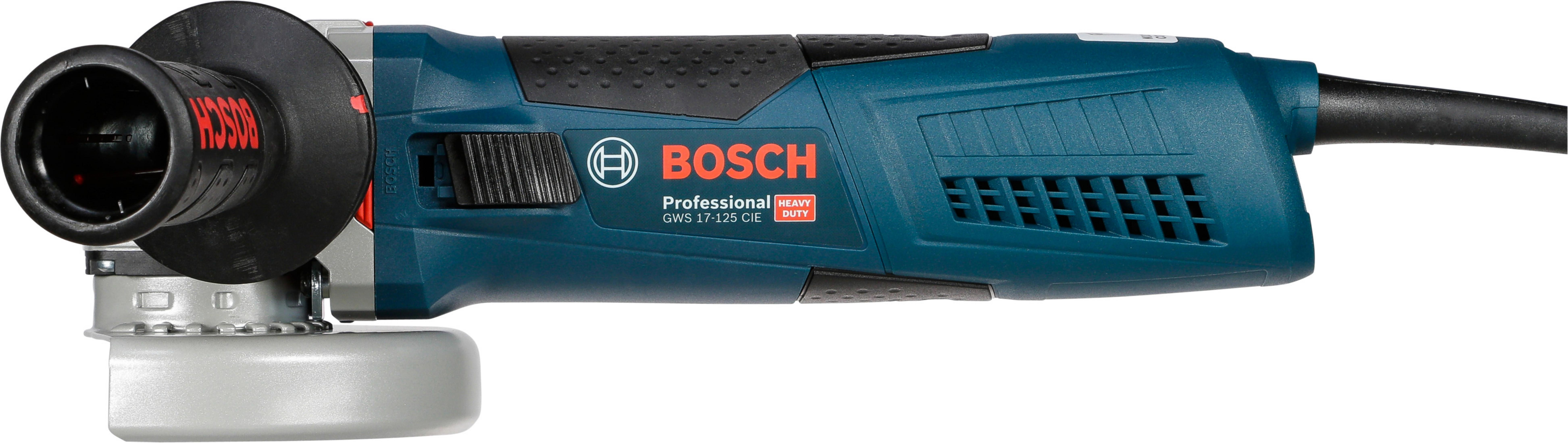 Siyah saplı, mavi ve gri bir Bosch açılı taşlama makinesi, beyaz bir arka plan üzerinde.