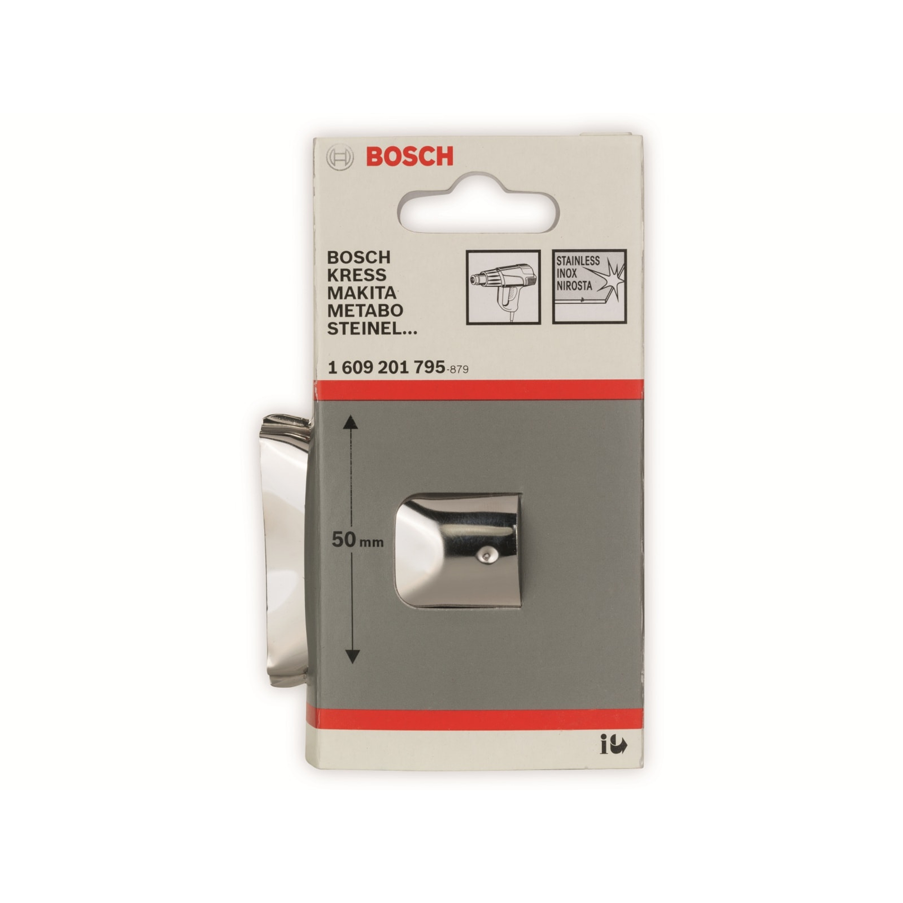 Ein Bosch-Zubehör in Verpackung mit einem Metallteil, Text und Abmessungen, auf weißem Hintergrund.