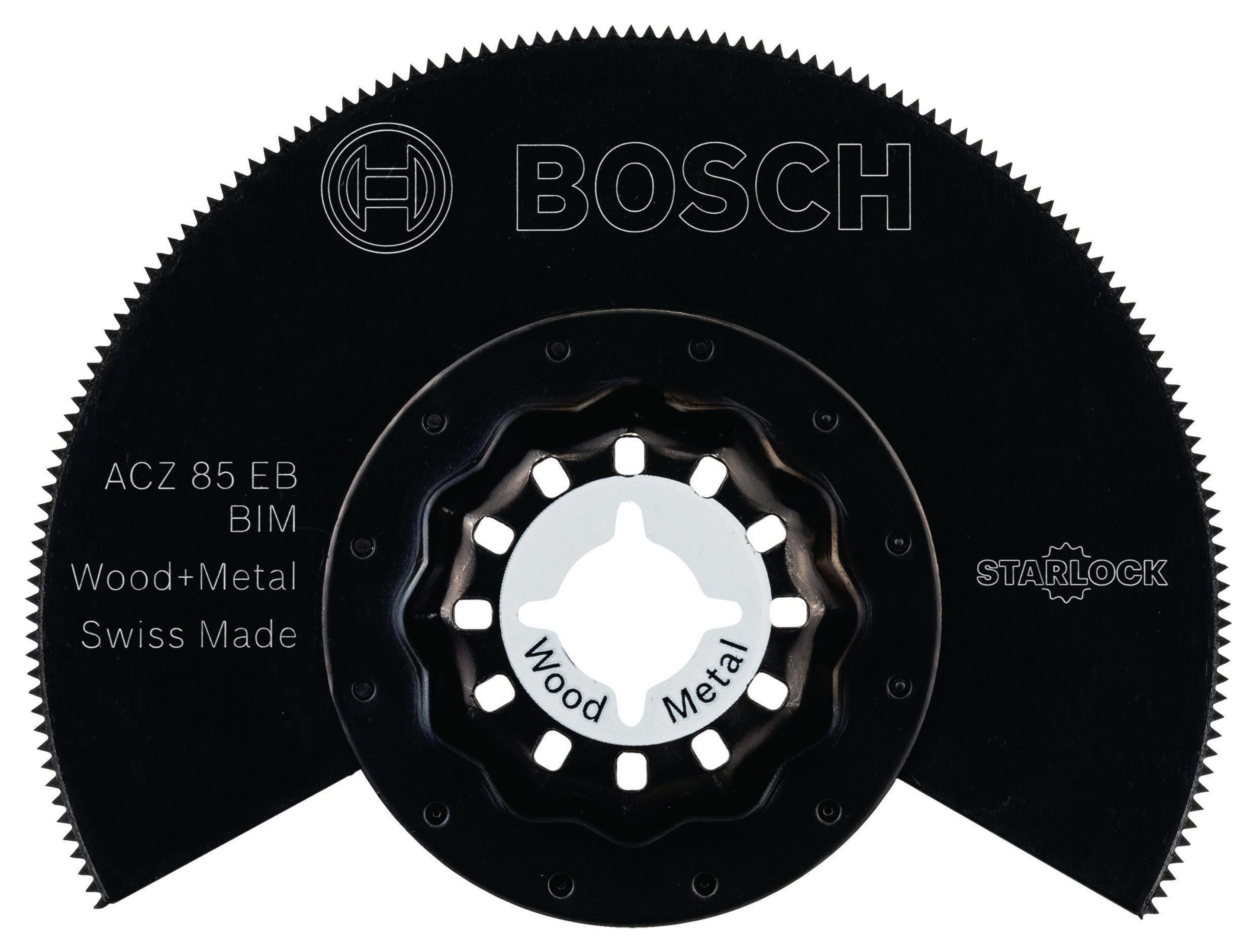 Una lama per sega circolare nera con la scritta "BOSCH" e "Wood+Metal" su sfondo bianco.