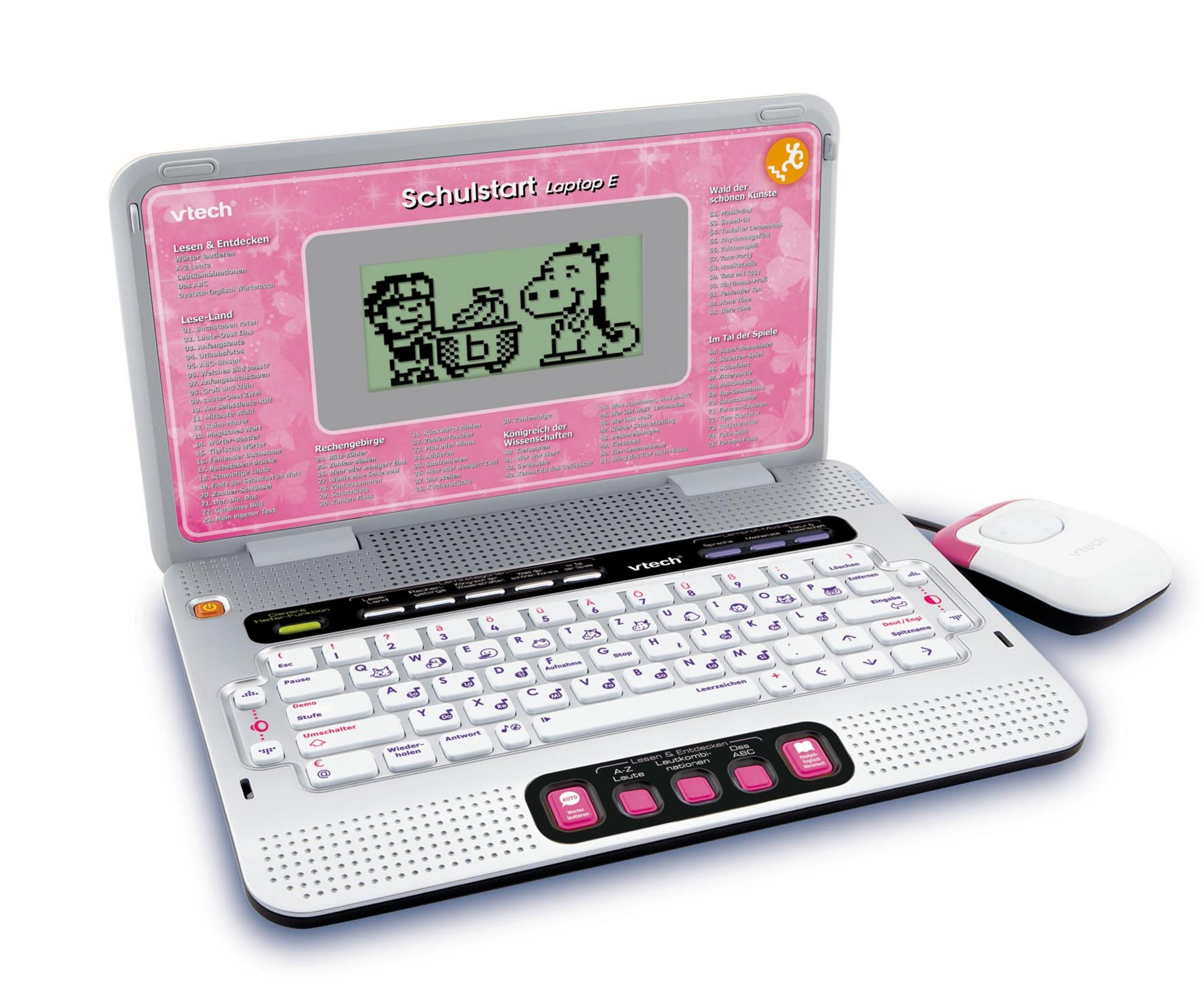 Ein rosa-weißer Spielzeuglaptop mit einem Bildschirm, der Cartoonfiguren, eine Tastatur und eine Maus anzeigt.