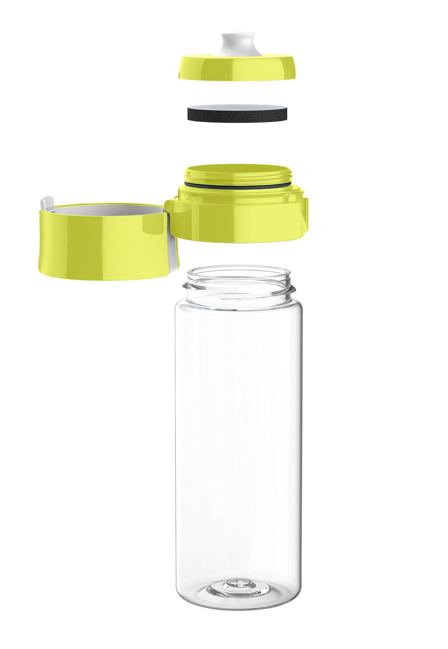 Gedemonteerde, doorzichtige waterfles met een groene deksel en filtercomponenten op een witte achtergrond.