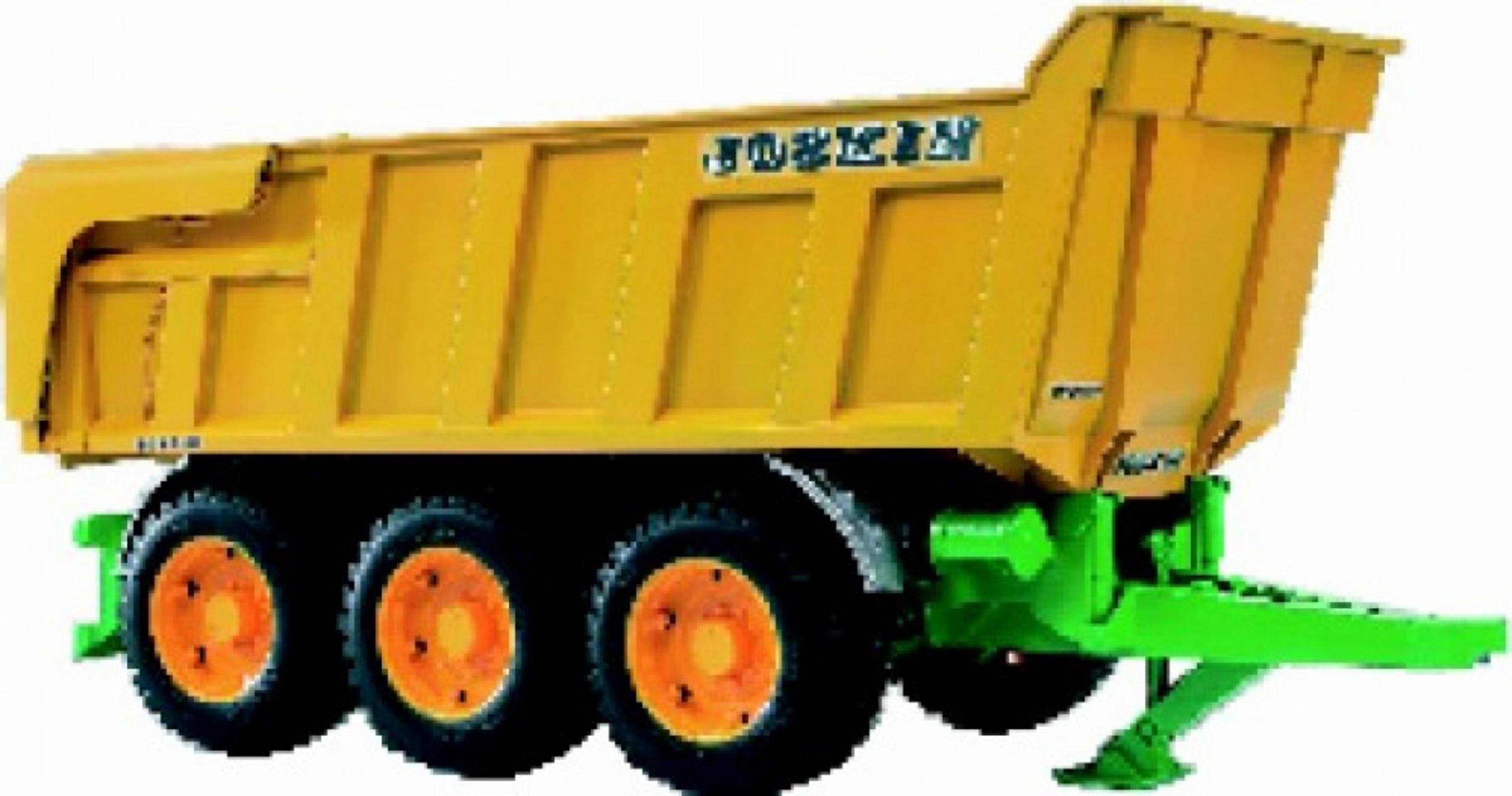 Un remolque volquete amarillo con tren de rodaje verde, neumáticos con cubos naranjas, aislado en blanco.