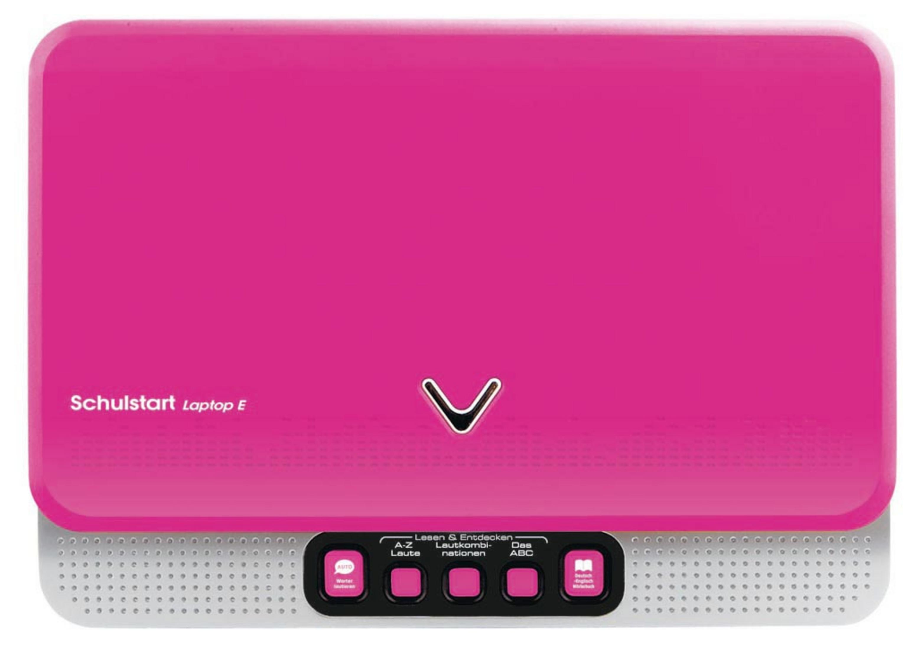 Ein rosa Spielzeug-Laptop mit abgerundeten Kanten und schwarzen Tasten auf weißem Hintergrund.