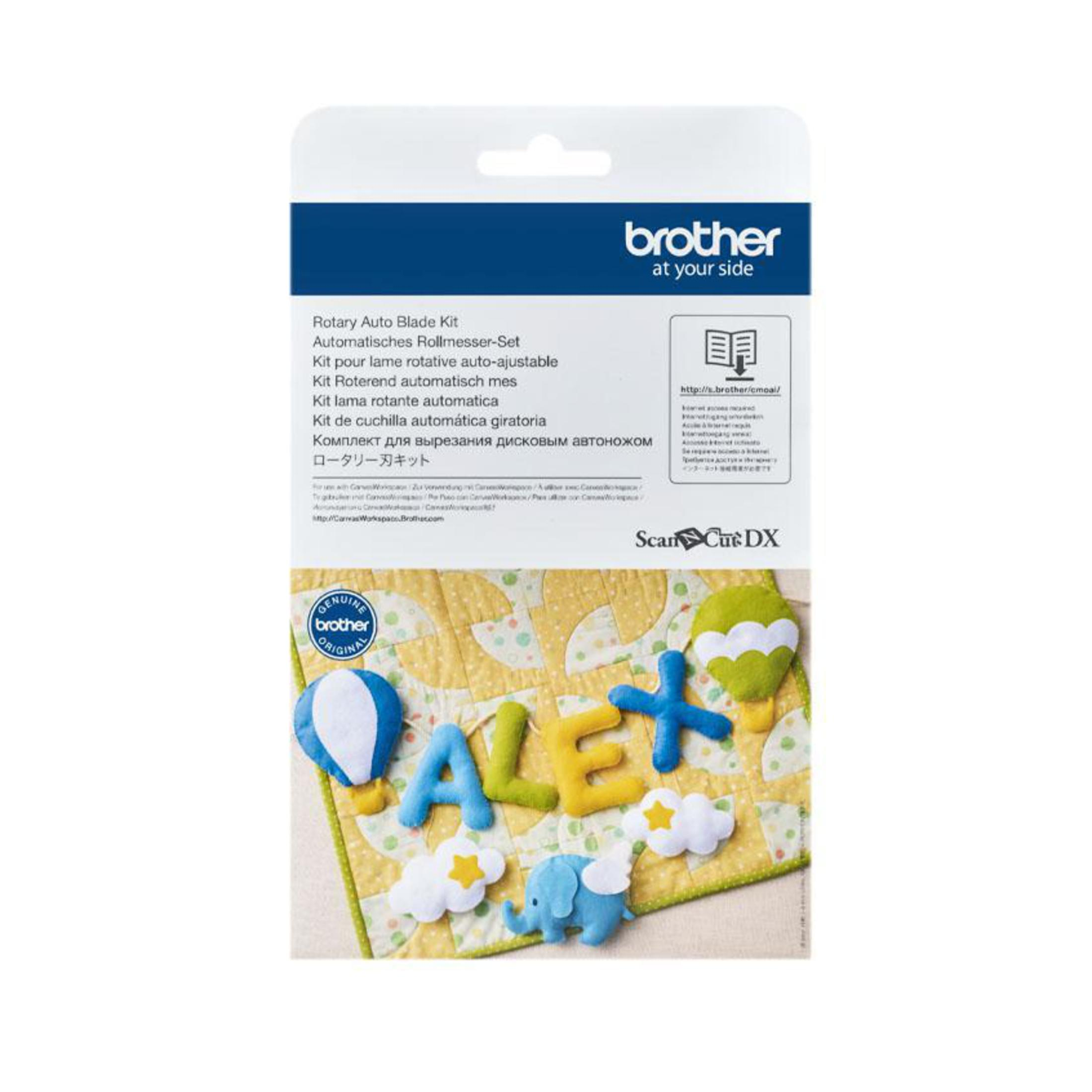 Brother Rotary Auto Blade Kit-Verpackung mit Klingen und einem farbenfrohen Filzprojekt.