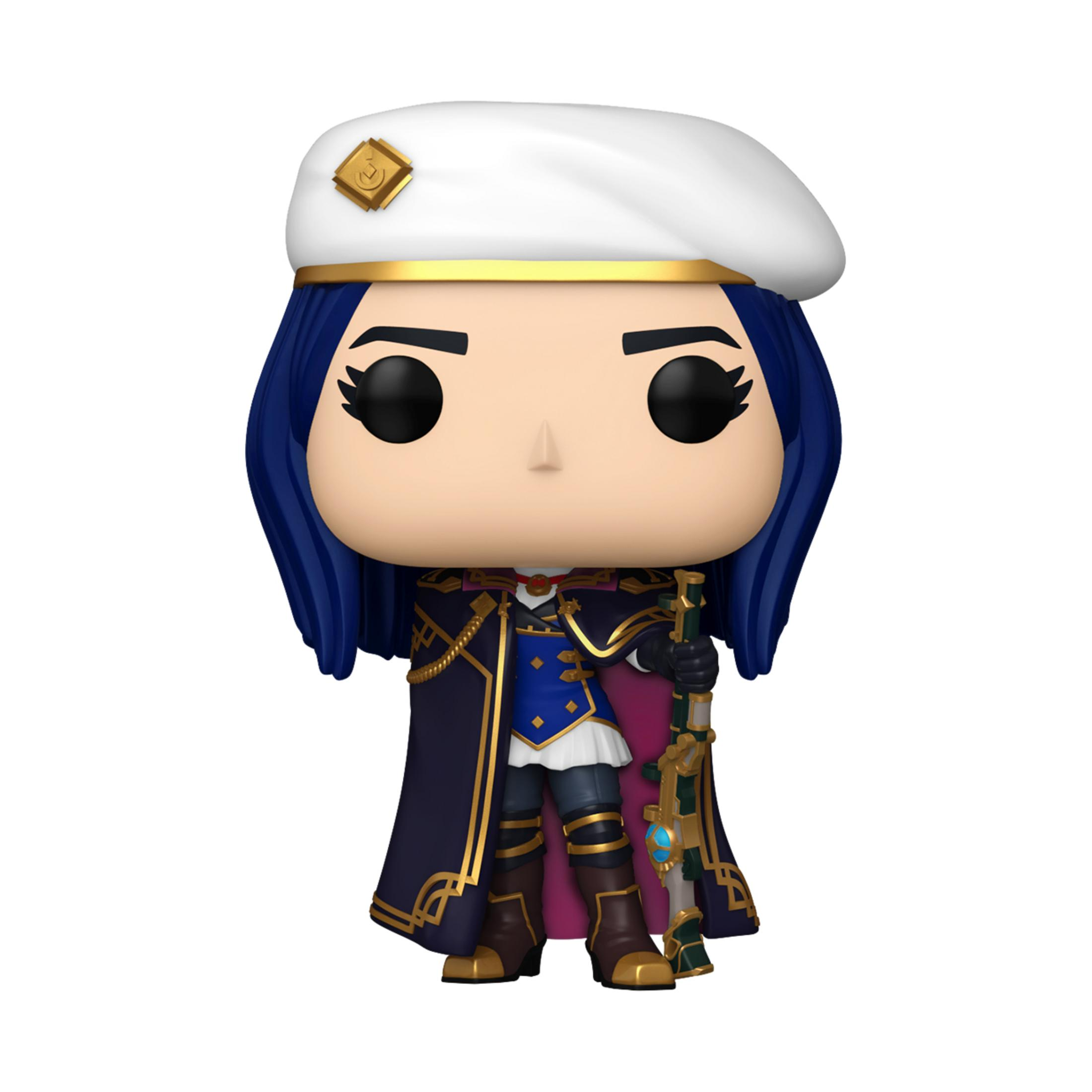 Una figura Funko Pop de una mujer con boina blanca y cabello azul sosteniendo un rifle.