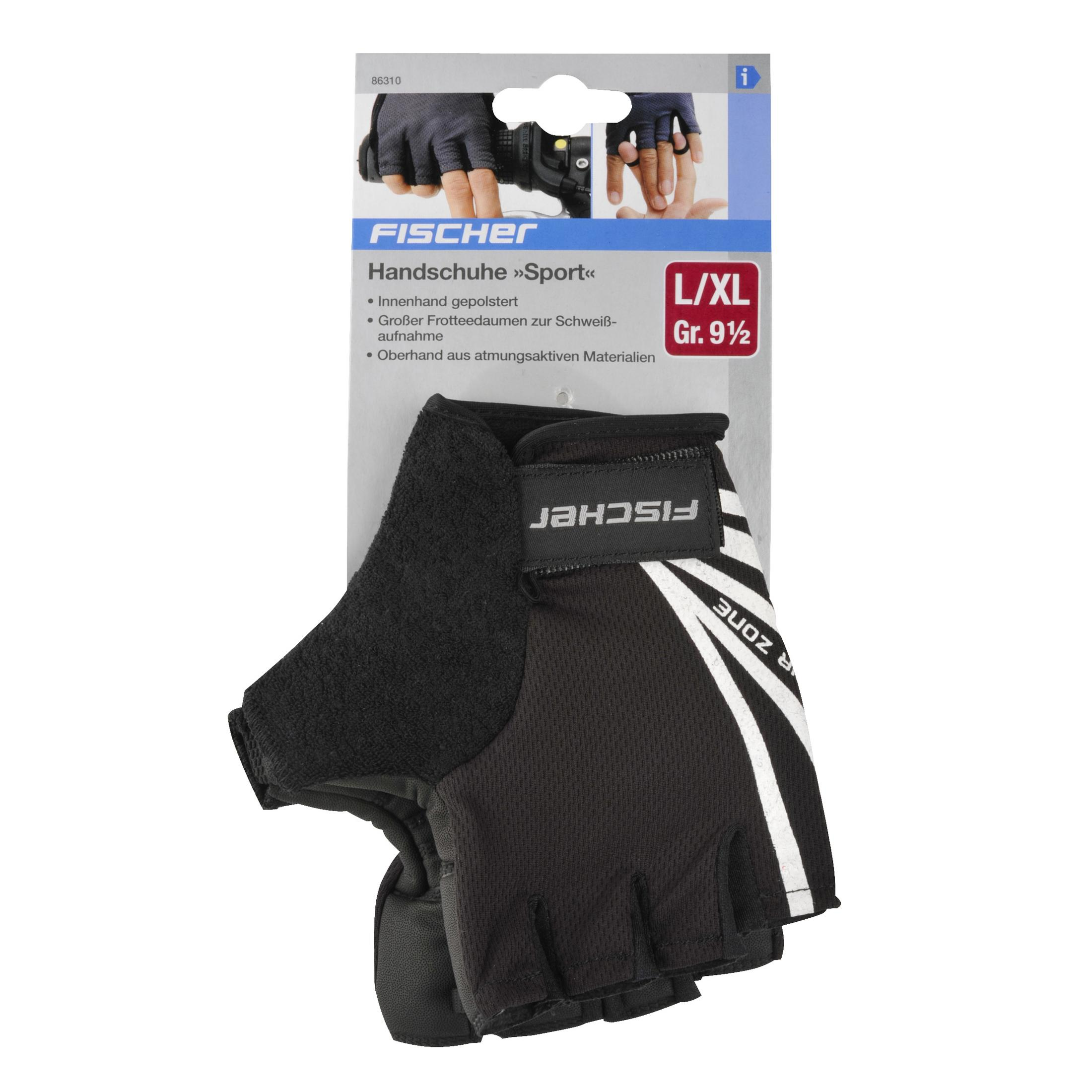 Ein Paar schwarz-weiße fingerlose Handschuhe in einer Verpackung mit dem Fischer-Logo und Text.