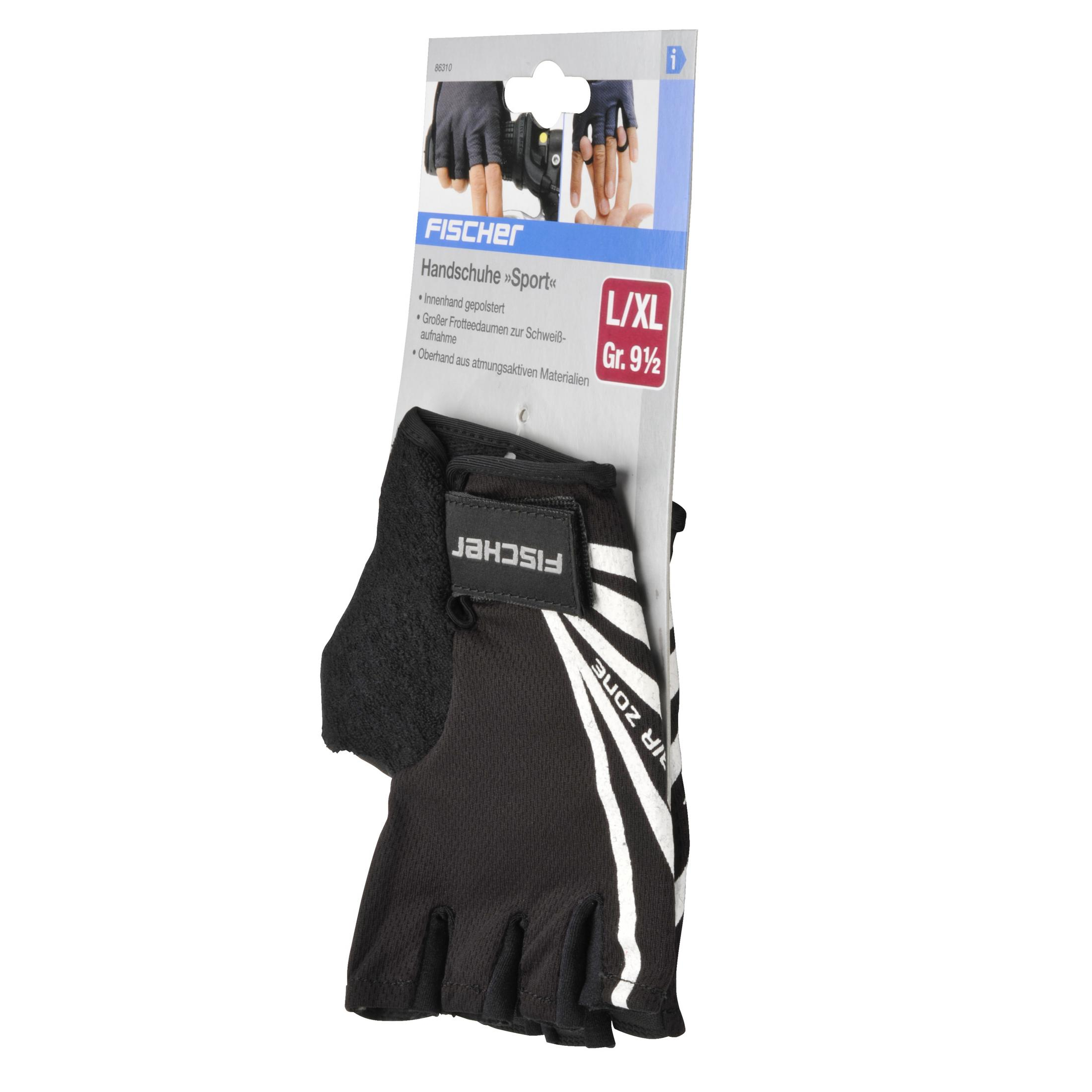 Ein Paar schwarz-weiße fingerlose Handschuhe in einer Verpackung mit dem Fischer-Logo und Text.