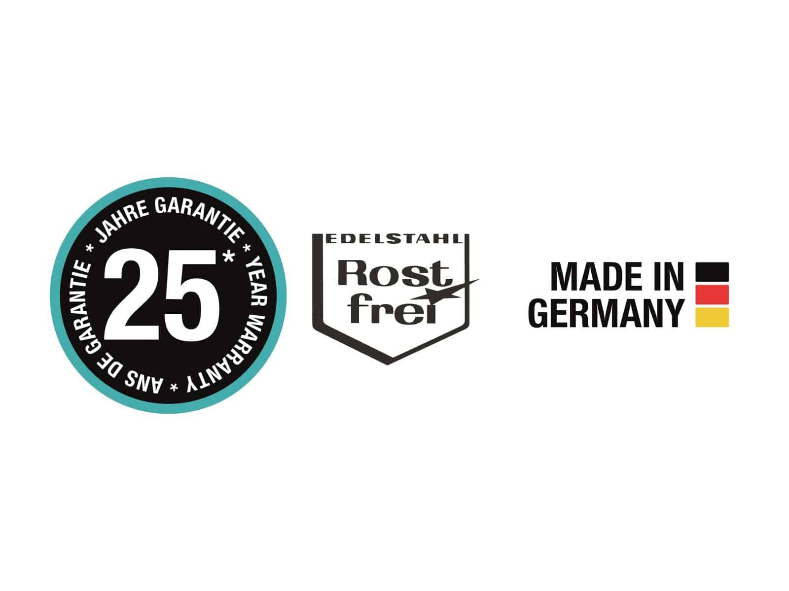 Logos für 25 Jahre Garantie, Edelstahl und Made in Germany auf weißem Hintergrund.