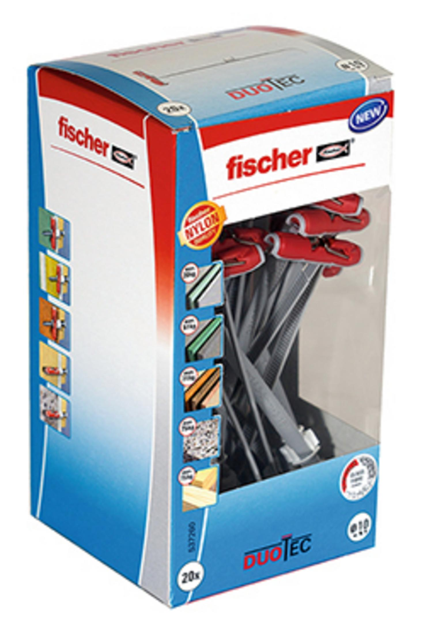 Eine Schachtel Fischer DuoTec Wandanker auf weißem Hintergrund.