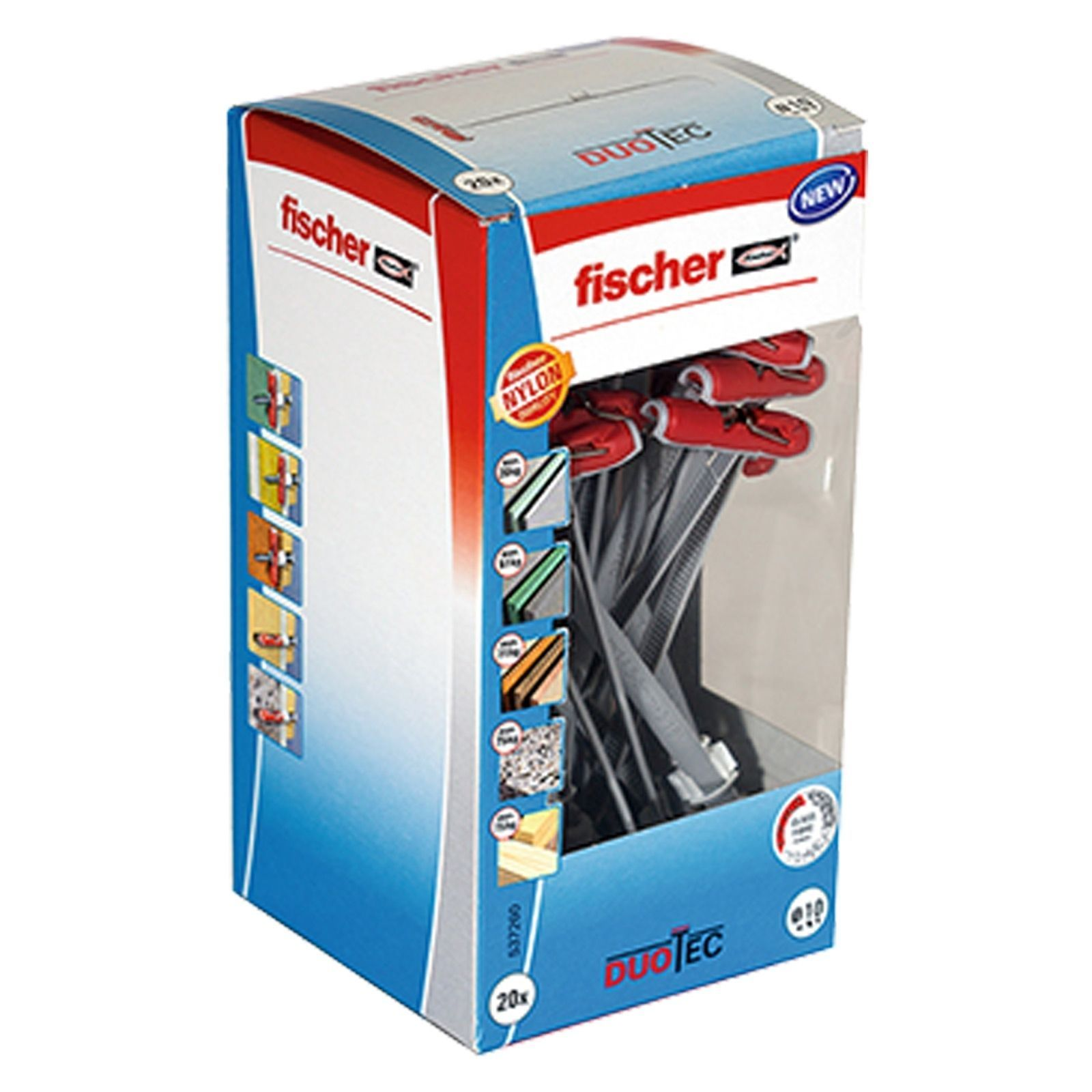 Eine Schachtel Fischer DuoTec Wandanker auf weißem Hintergrund.