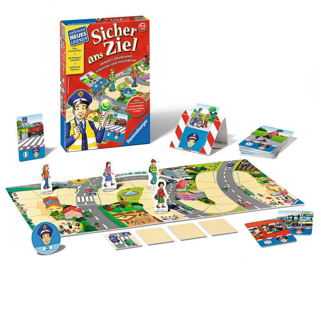 Ein Brettspiel mit einem Polizisten auf der Schachtel. Figuren von Menschen auf einer Straßenkarte mit Bus und Autos.