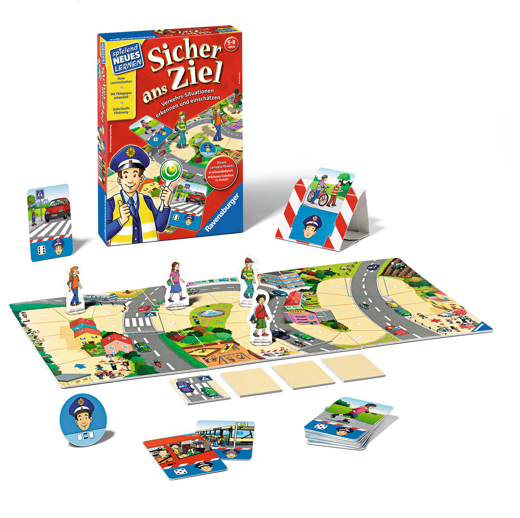 Ein Brettspiel mit einem Polizisten auf der Schachtel. Figuren von Menschen auf einer Straßenkarte mit Bus und Autos.