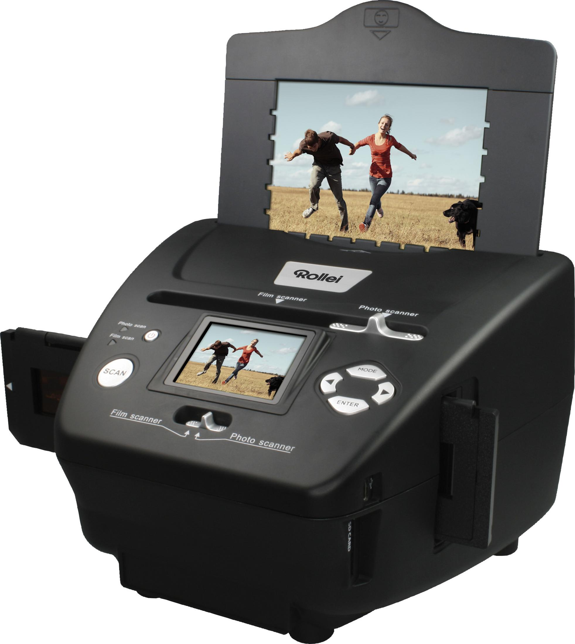 Scanner Rollei nero con foto sullo schermo, slot di scansione e una foto sopra.