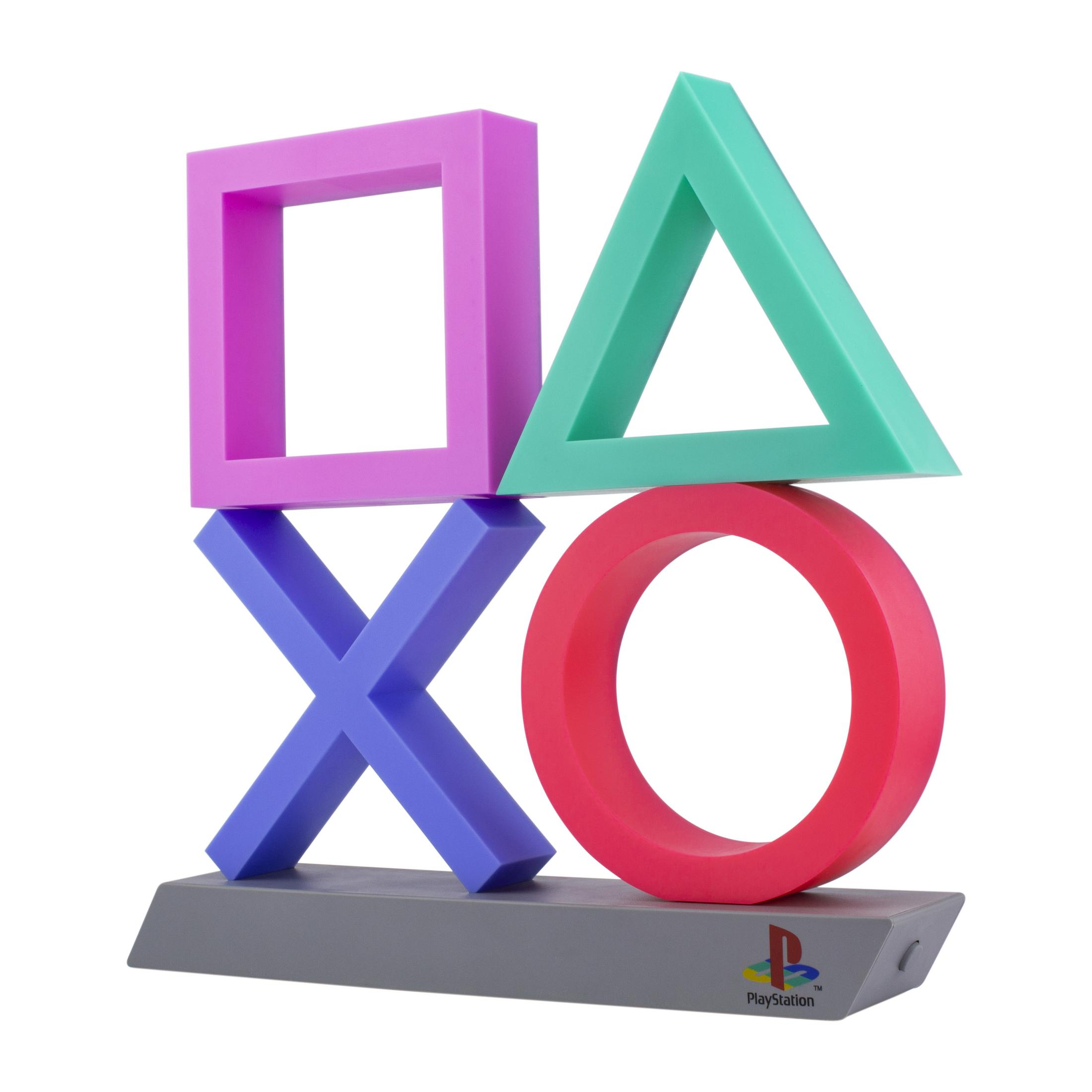 Ein PlayStation-Symbol-Licht mit lila Quadrat, grünem Dreieck, blauem X und rotem Kreis auf grauem Sockel.